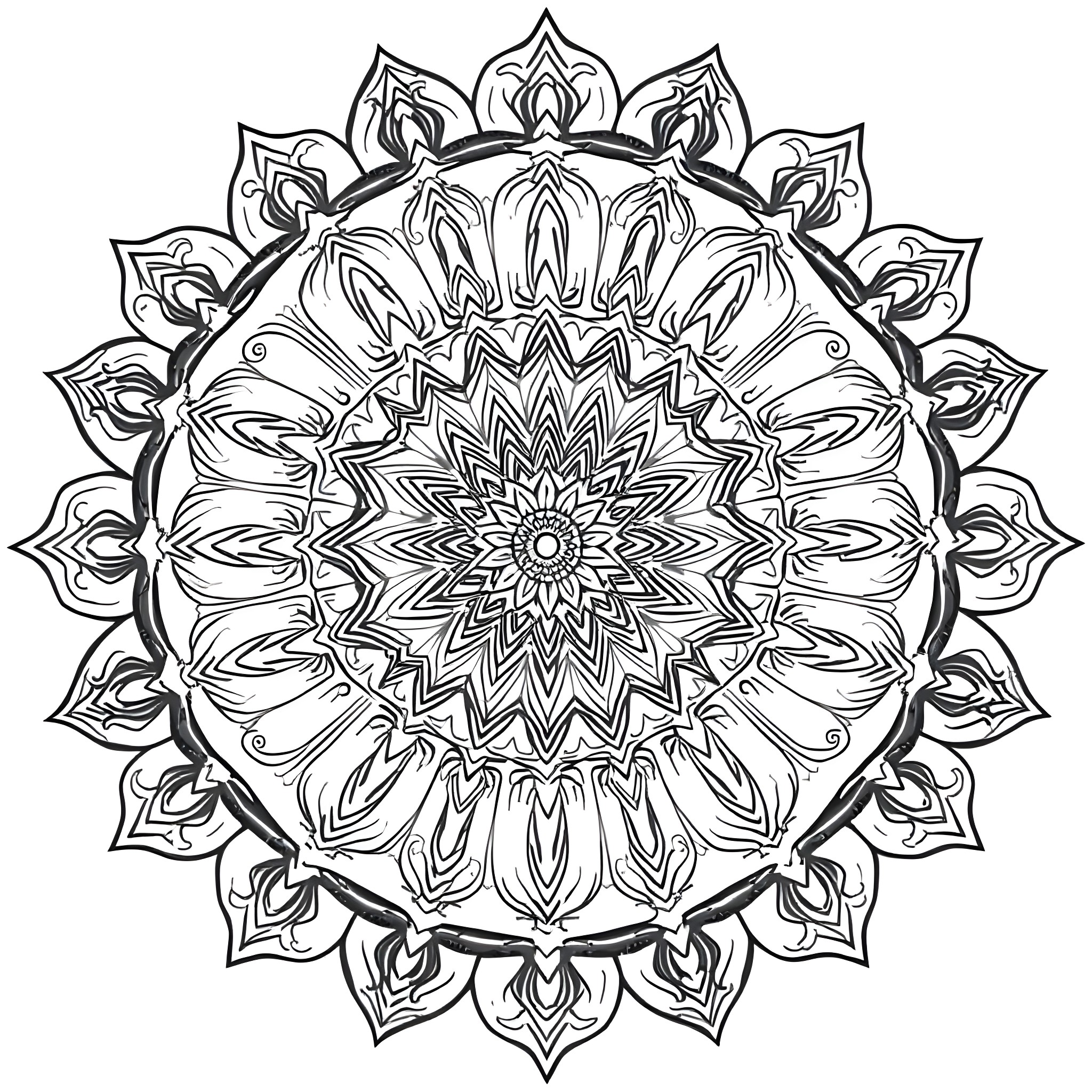 Mandala with intricate floral patterns Coloring Page (free black-and-white line drawing printable PDF for all, from beginners to advanced learners, including children, teens, adults, and seniors)