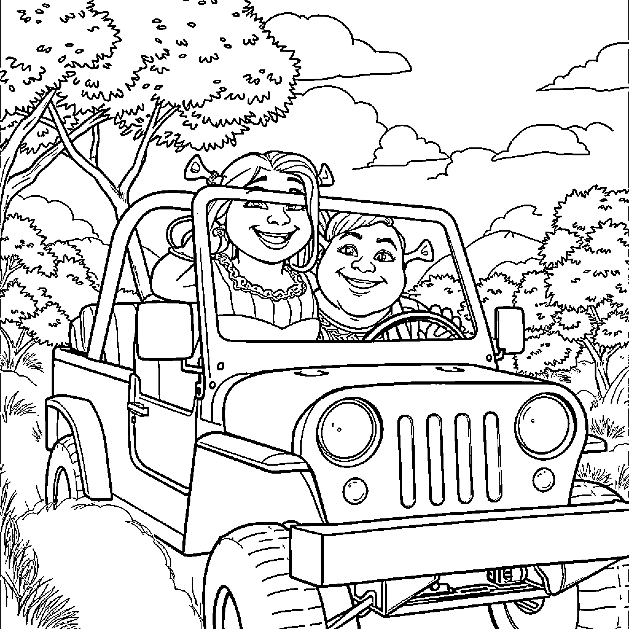 Shrek and friends go on an adventure in the wilderness Coloring Page (free black-and-white line drawing printable PDF for all, from beginners to advanced learners, including children, teens, adults, and seniors)