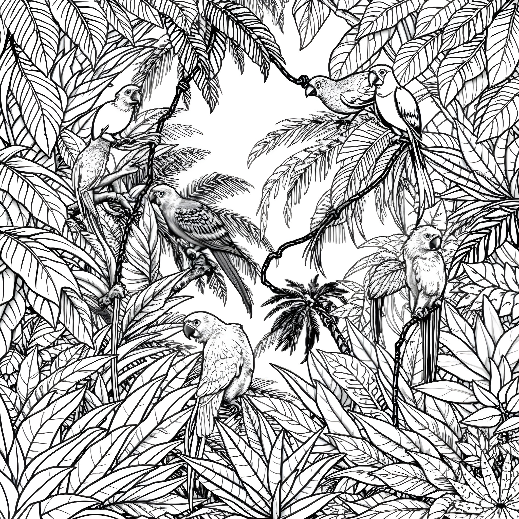 Jungle scene with exotic birds and lush foliage Coloring Page (free black-and-white line drawing printable PDF for all, from beginners to advanced learners, including children, teens, adults, and seniors)