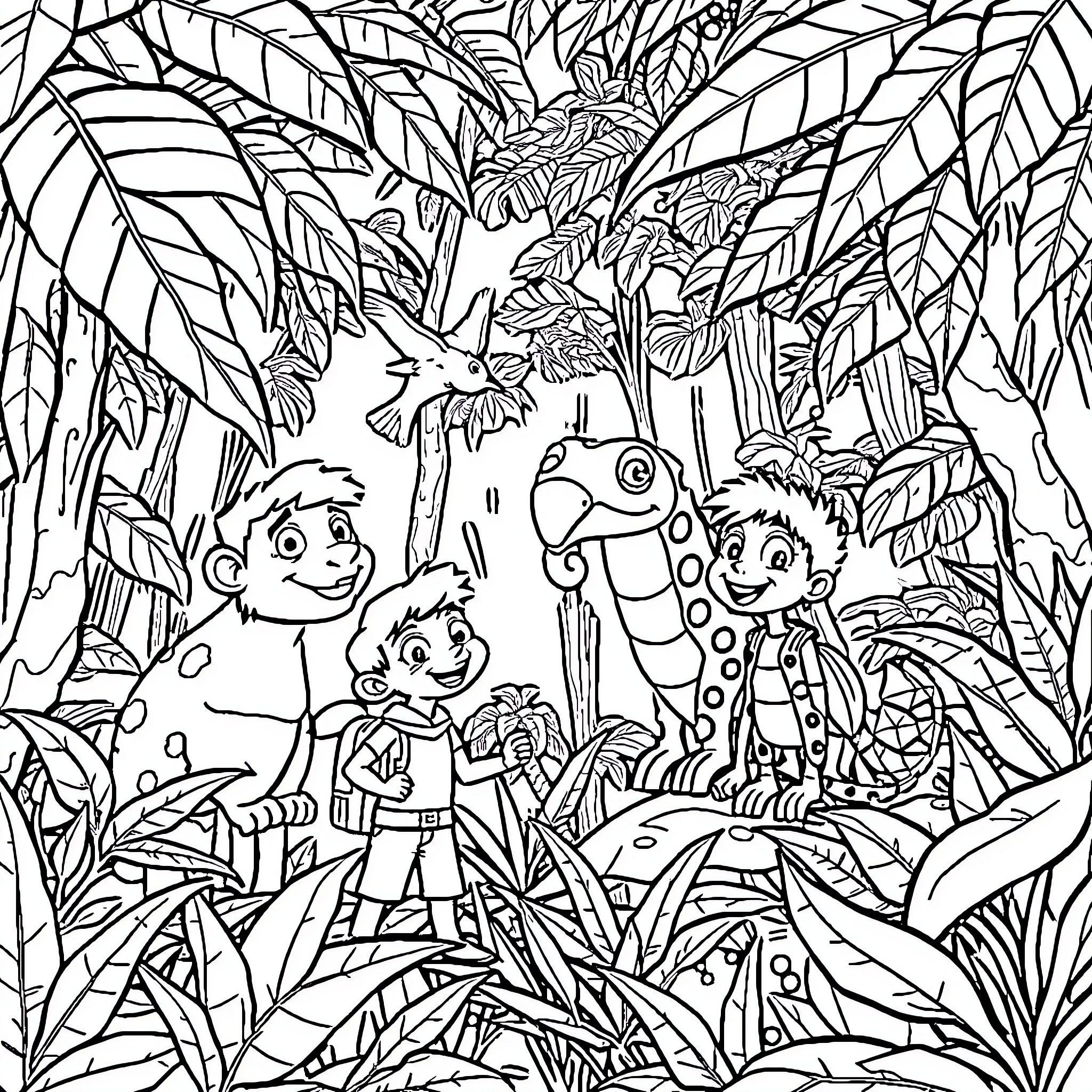 Wild Krats exploring the lush jungle adventure Coloring Page (free black-and-white line drawing printable PDF for all, from beginners to advanced learners, including children, teens, adults, and seniors)