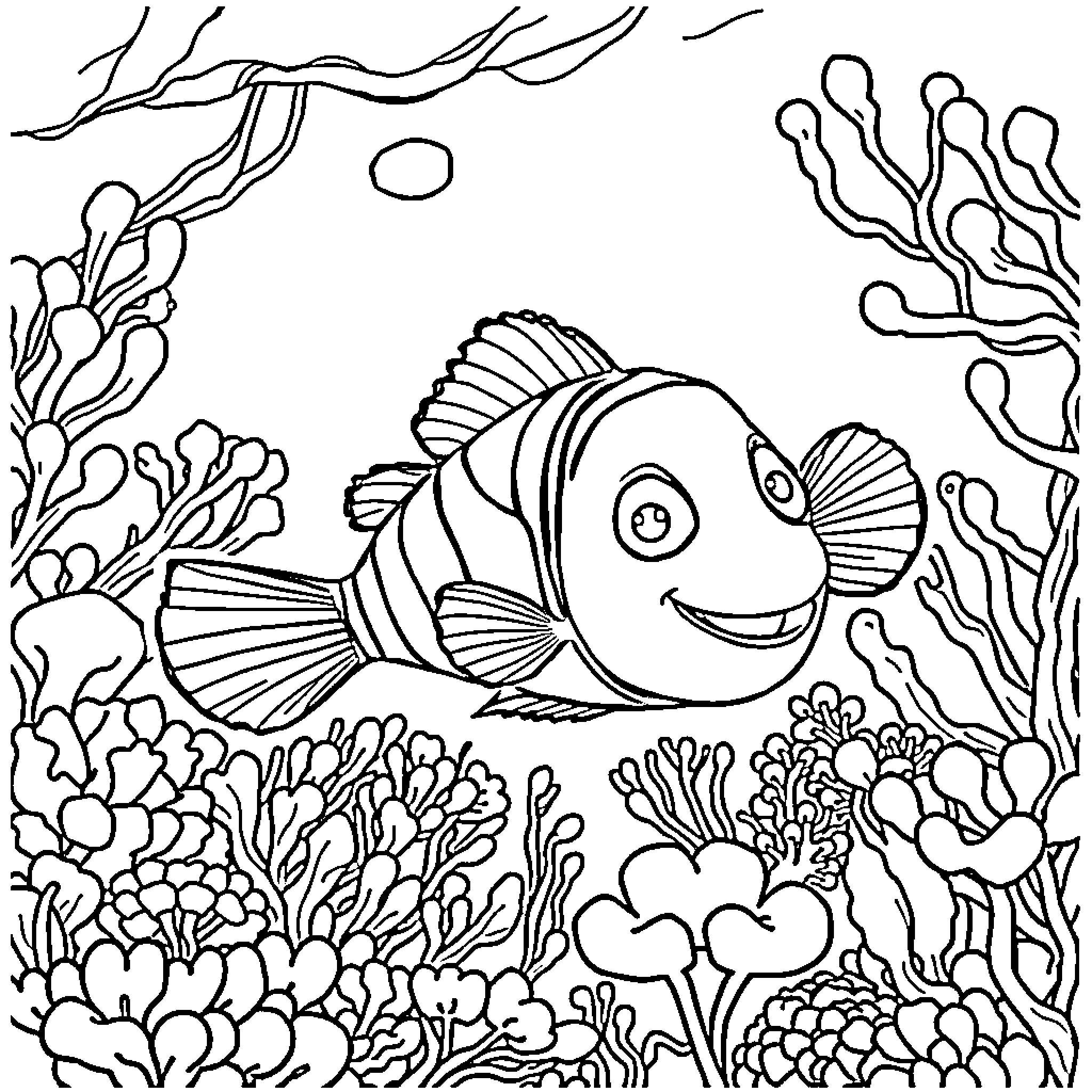 Nemo exploring the coral reef Coloring Page (free black-and-white line drawing printable PDF for all, from beginners to advanced learners, including children, teens, adults, and seniors)