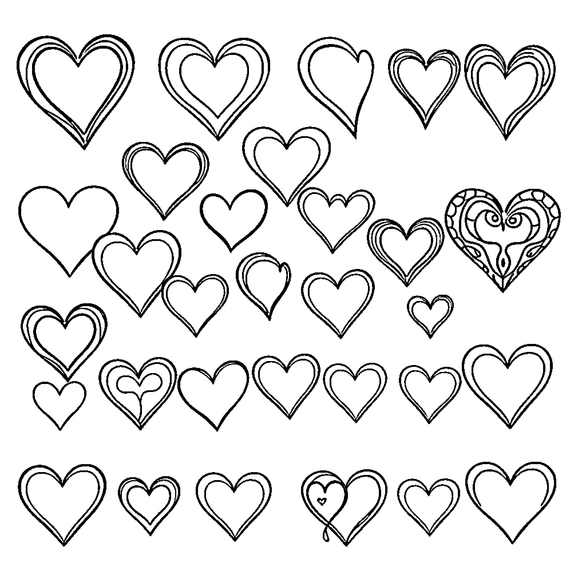Heart-shaped Designs and Doodles Coloring Page (free black-and-white line drawing printable PDF for all, from beginners to advanced learners, including children, teens, adults, and seniors)