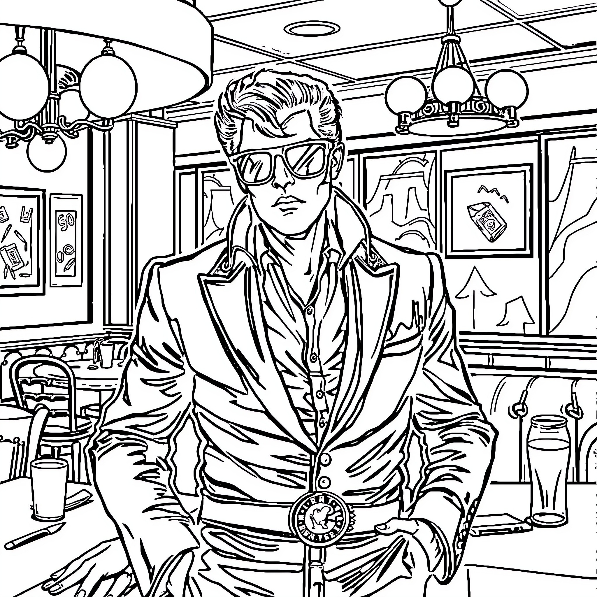 Elvis Presley in Iconic Suit and Sunglasses Posing in Stylish Setting Coloring Page (free black-and-white line drawing printable PDF for all, from beginners to advanced learners, including children, teens, adults, and seniors)