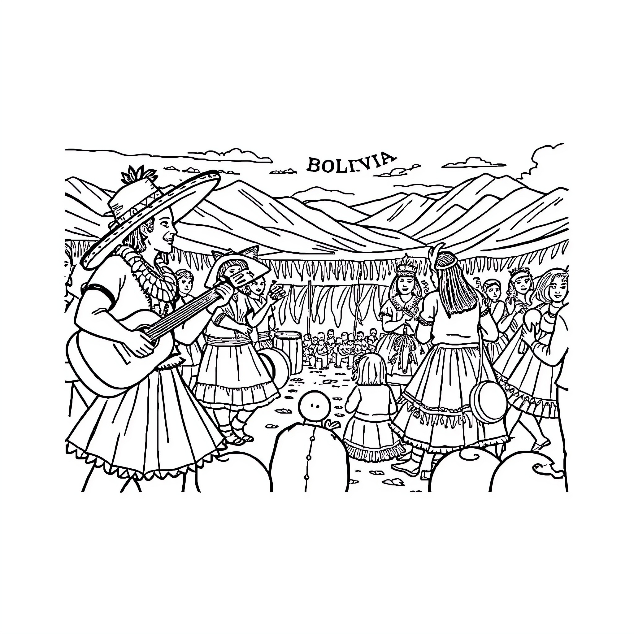 Bolivia festival celebration with traditional costumes and music Coloring Page (free black-and-white line drawing printable PDF for all, from beginners to advanced learners, including children, teens, adults, and seniors)