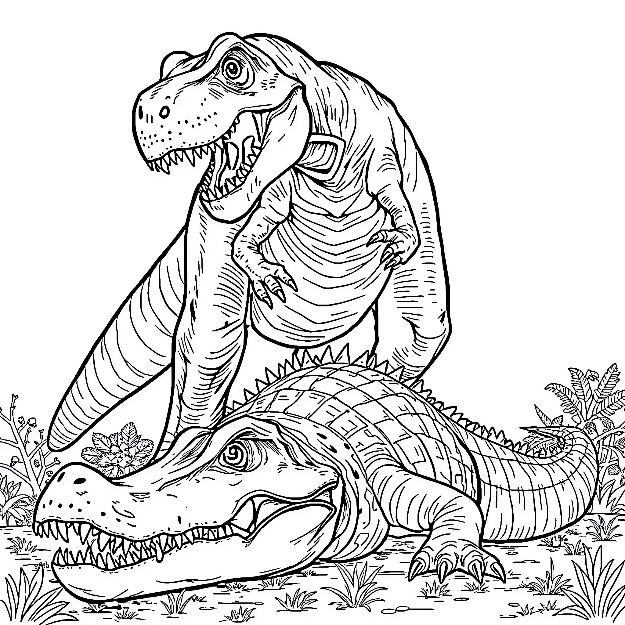 T-Rex Roaring Dominantly over Crocodile in Jungle Coloring Page (free black-and-white line drawing printable PDF for all, from beginners to advanced learners, including children, teens, adults, and seniors)