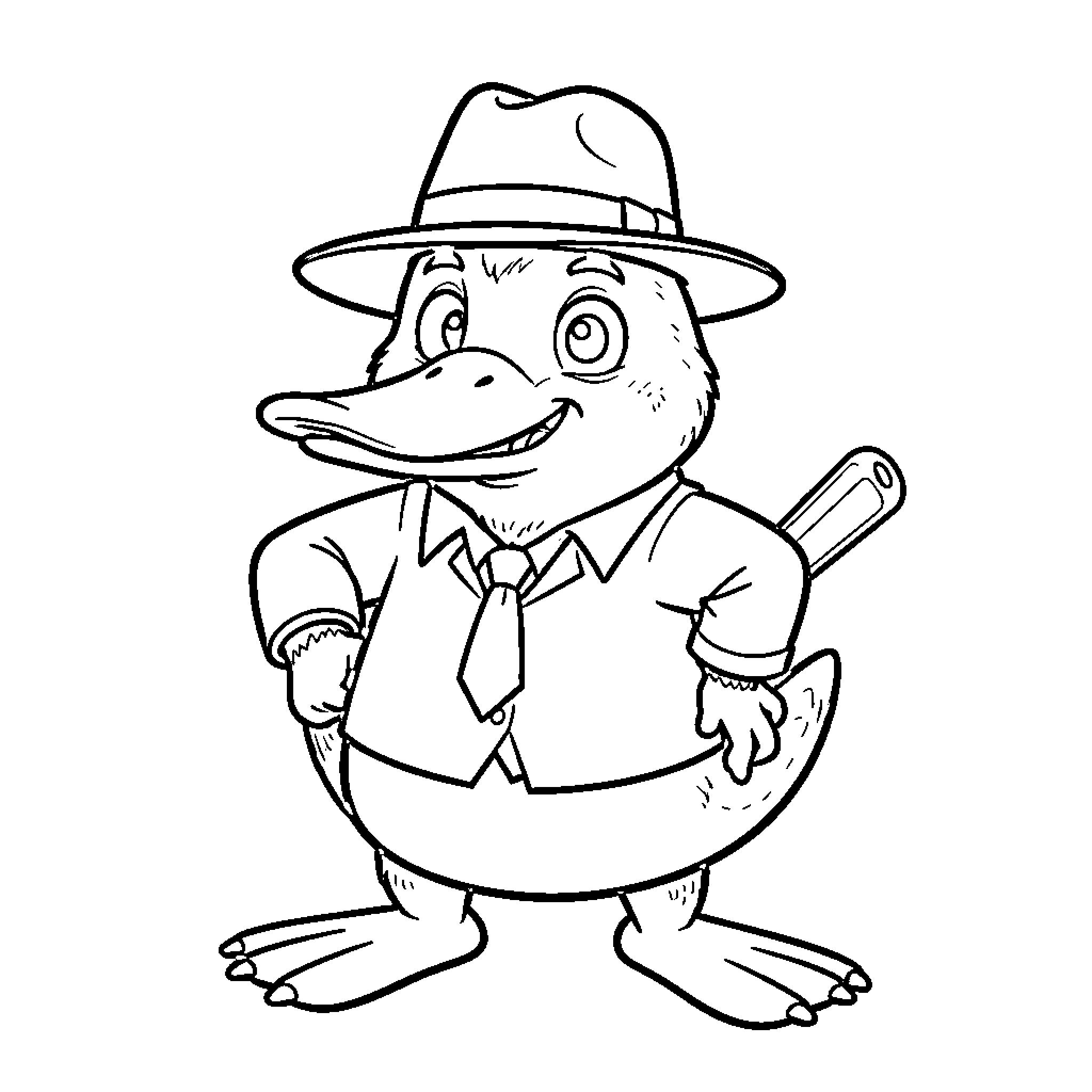 Perry the Platypus wearing a hat and tie Coloring Page (free black-and-white line drawing printable PDF for all, from beginners to advanced learners, including children, teens, adults, and seniors)