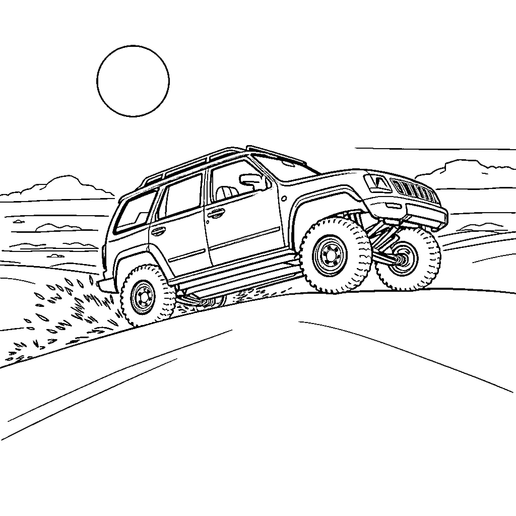 Car Traversing Rugged Terrain in Desert Landscape Coloring Page (free black-and-white line drawing printable PDF for all, from beginners to advanced learners, including children, teens, adults, and seniors)