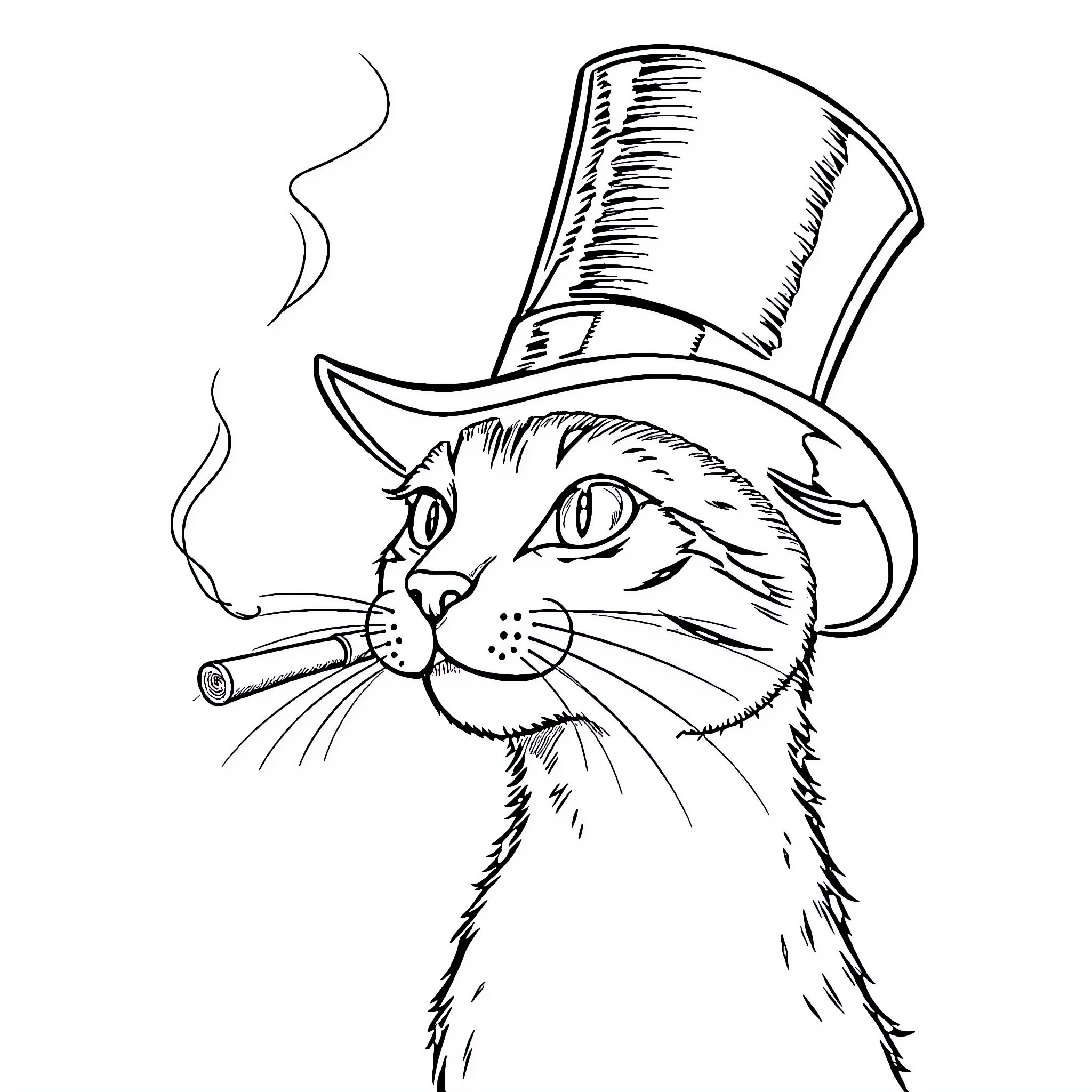 Cat wearing a top hat and smoking a cigar Coloring Page (free black-and-white line drawing printable PDF for all, from beginners to advanced learners, including children, teens, adults, and seniors)