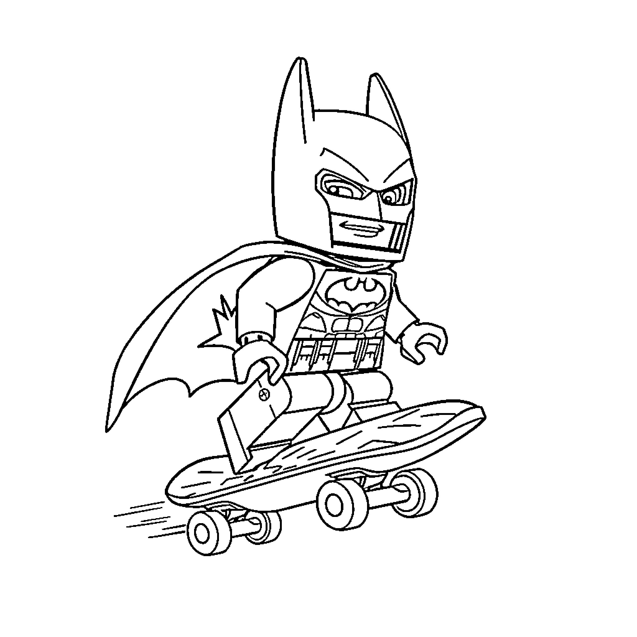 Lego Batman riding a skateboard Coloring Page (free black-and-white line drawing printable PDF for all, from beginners to advanced learners, including children, teens, adults, and seniors)