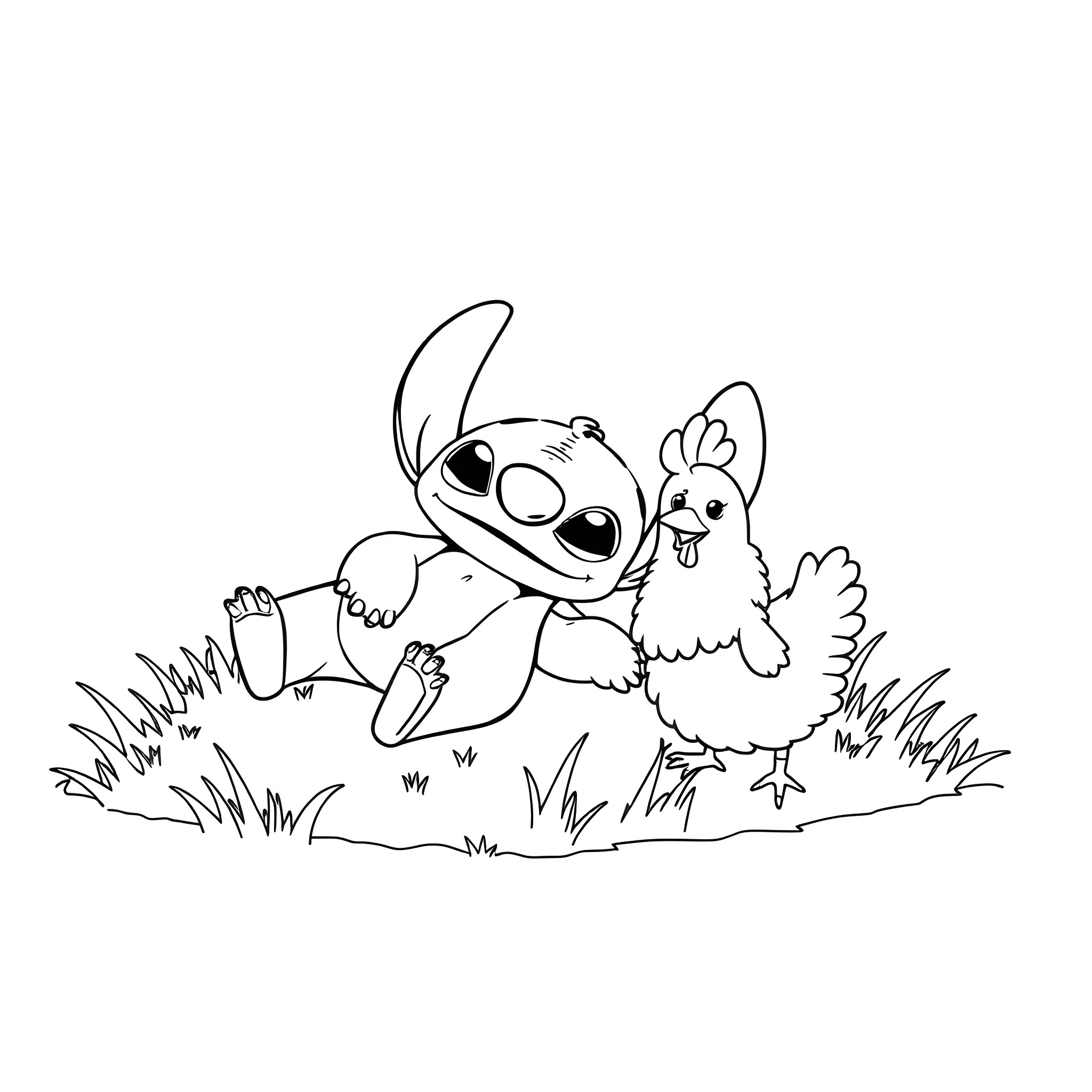 Stitch playing with a chick in the grass Coloring Page (free black-and-white line drawing printable PDF for all, from beginners to advanced learners, including children, teens, adults, and seniors)