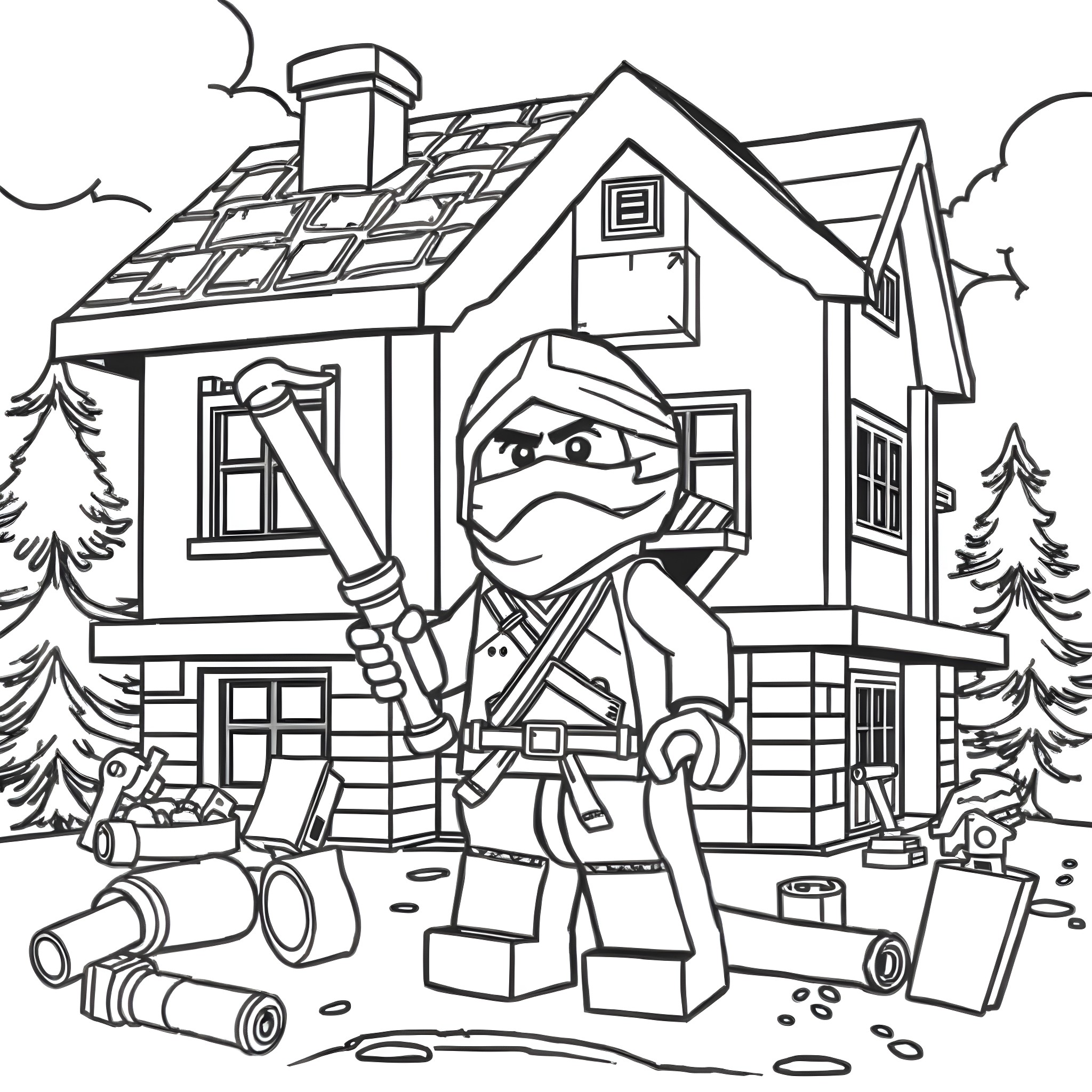 Zane the Ninja exploring a snowy cabin Coloring Page (free black-and-white line drawing printable PDF for all, from beginners to advanced learners, including children, teens, adults, and seniors)
