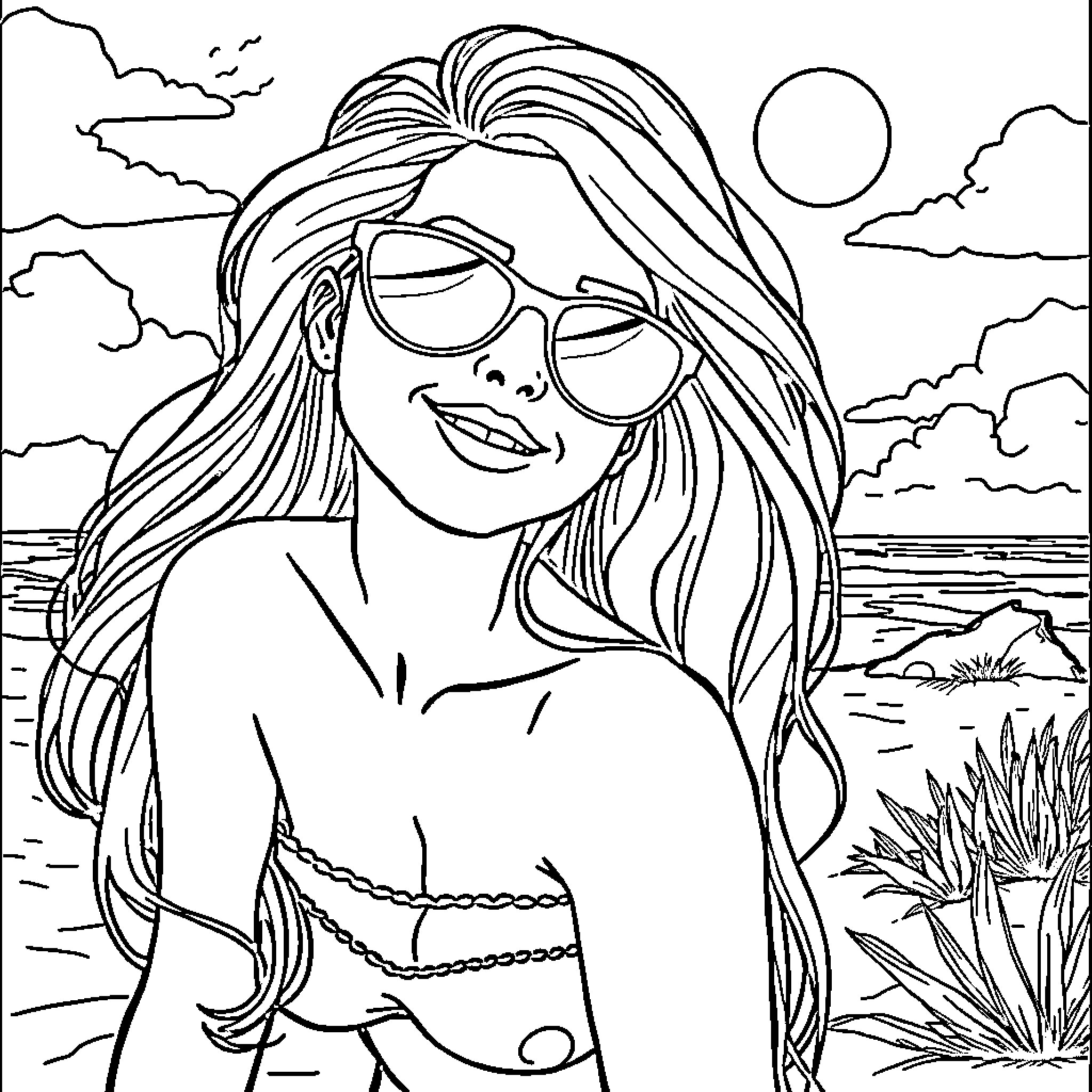 Ria enjoying the sunny beach Coloring Page (free black-and-white line drawing printable PDF for all, from beginners to advanced learners, including children, teens, adults, and seniors)