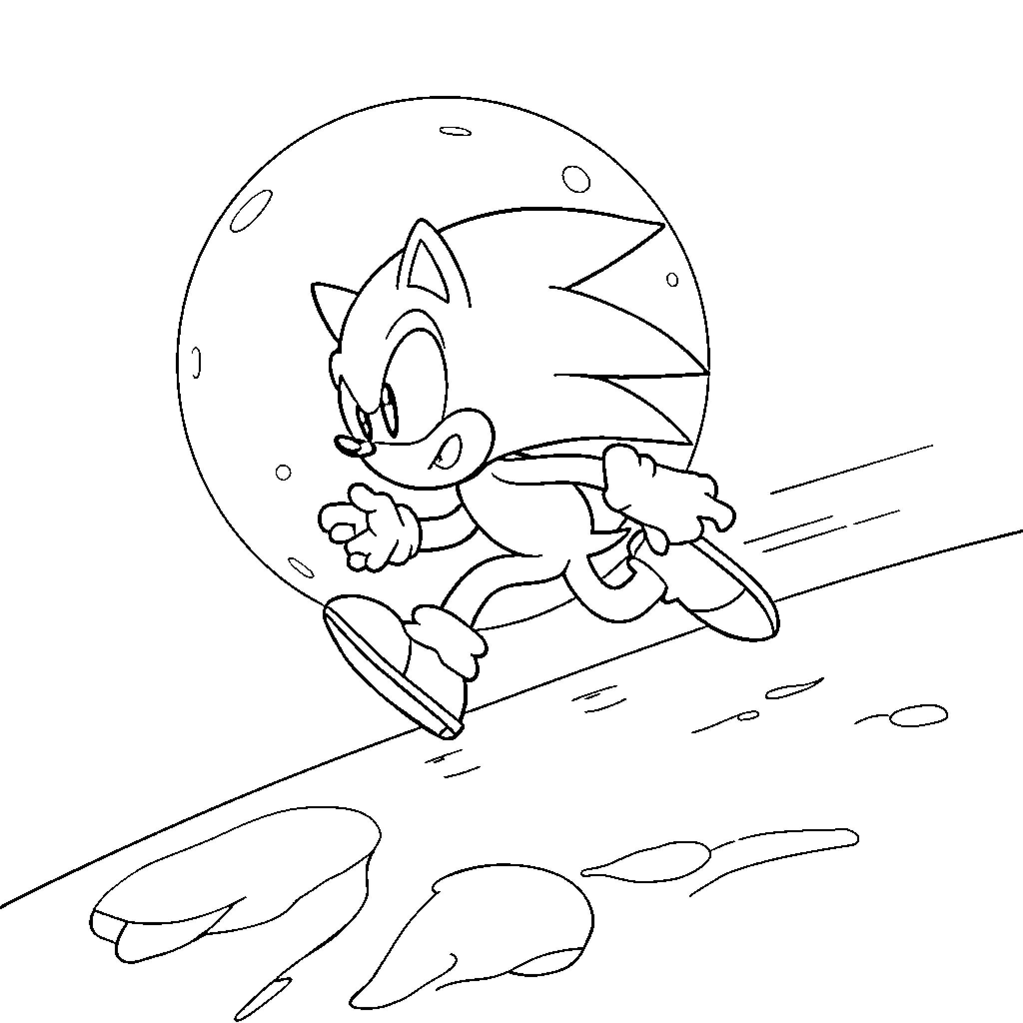 Sonic dashing through an energetic scene Coloring Page (free black-and-white line drawing printable PDF for all, from beginners to advanced learners, including children, teens, adults, and seniors)