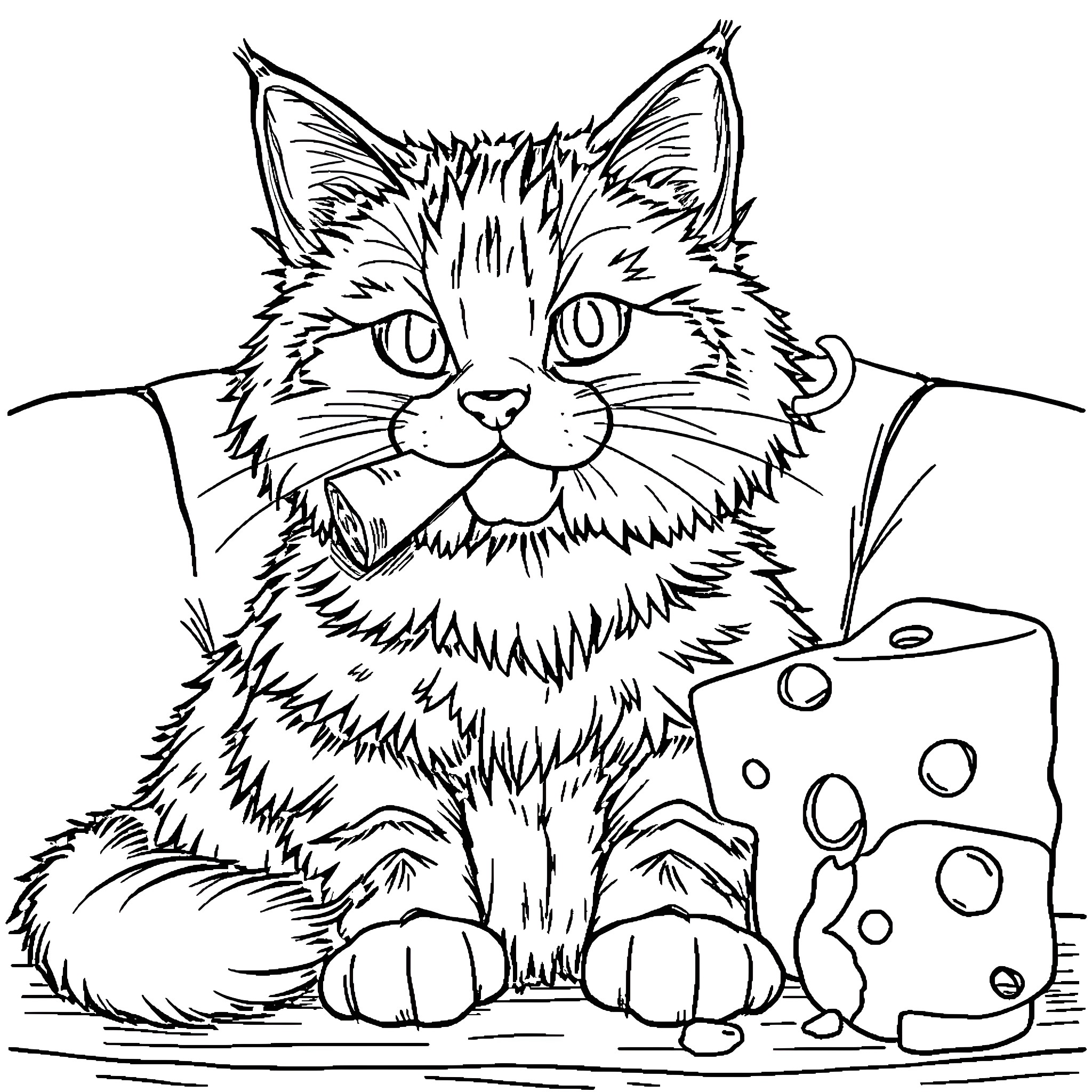 Cat with cheese block expression Coloring Page (free black-and-white line drawing printable PDF for all, from beginners to advanced learners, including children, teens, adults, and seniors)