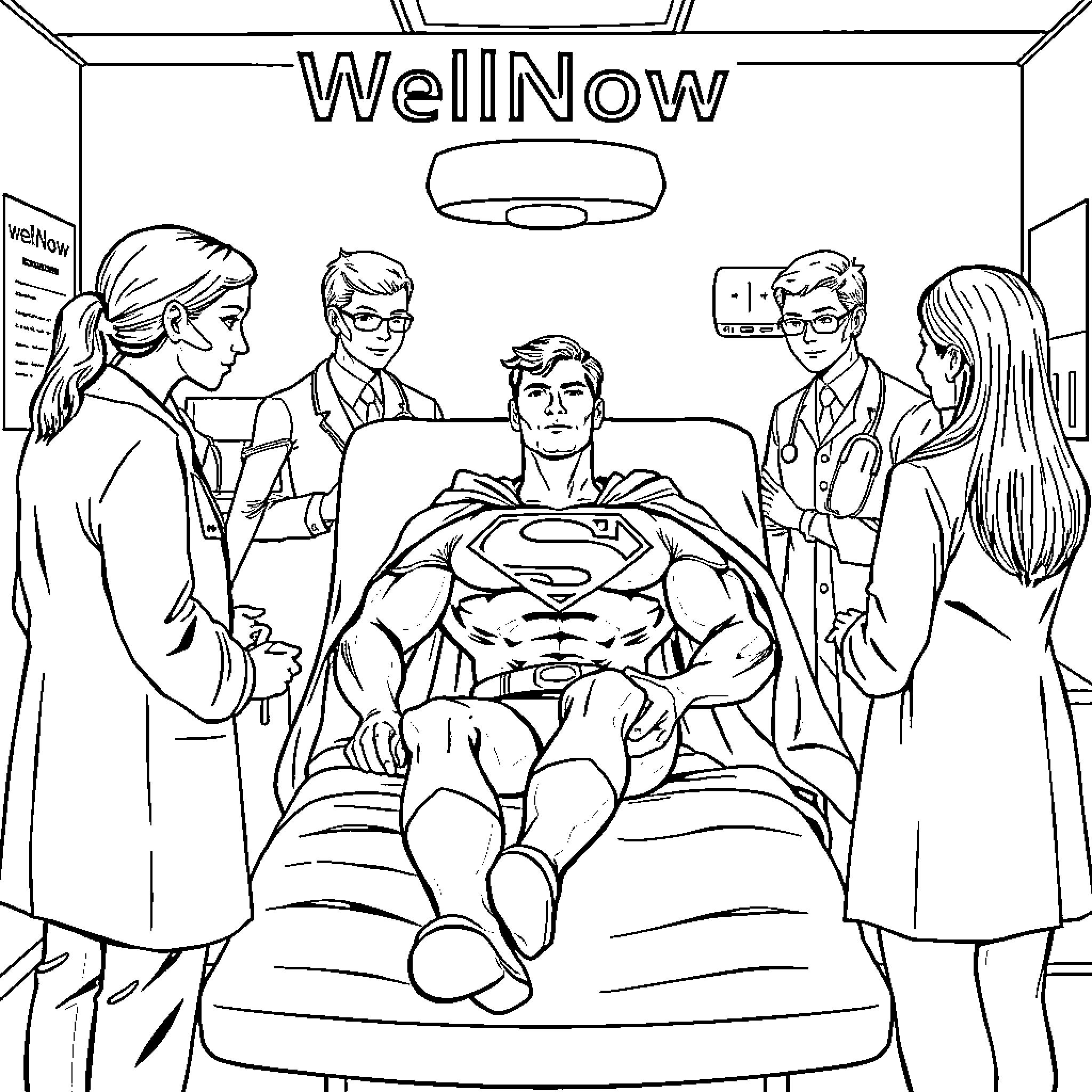 Superman receiving medical treatment in hospital Coloring Page (free black-and-white line drawing printable PDF for all, from beginners to advanced learners, including children, teens, adults, and seniors)