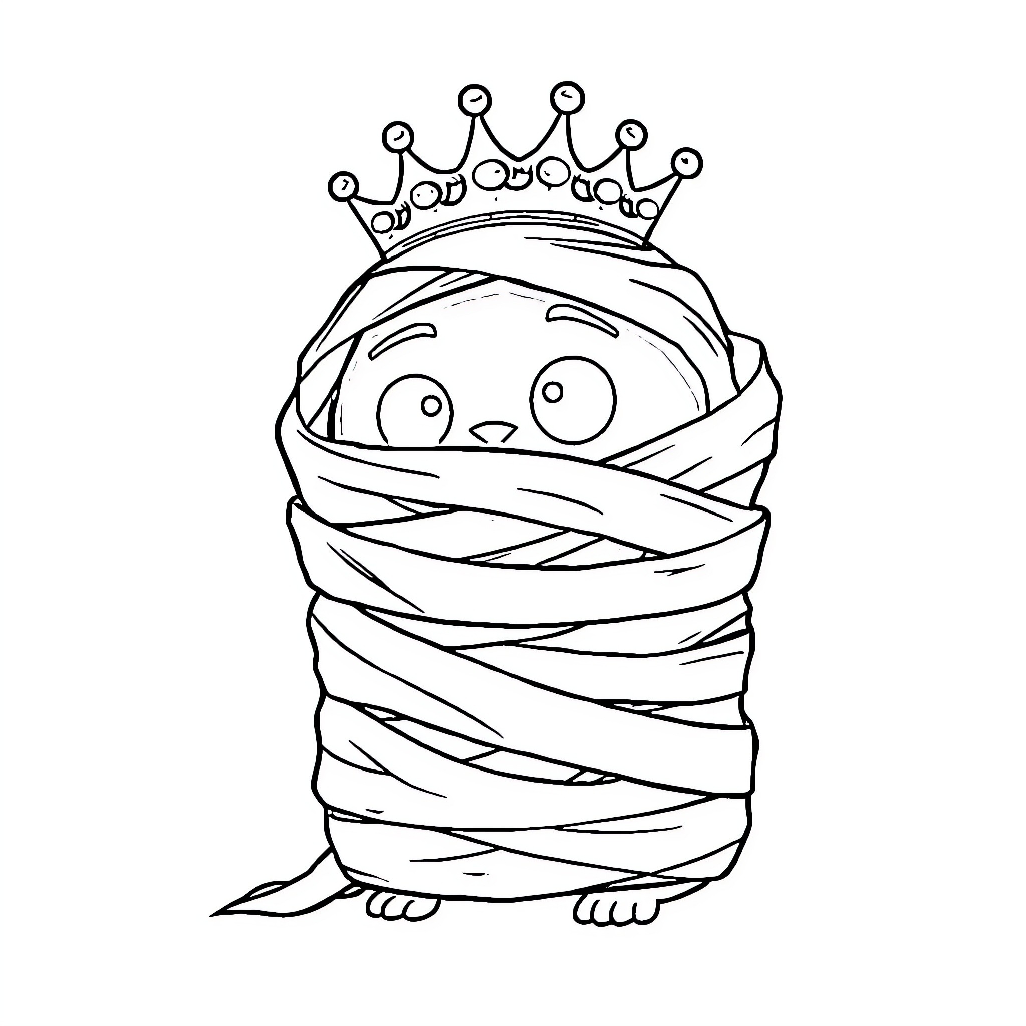 Mummy Penguin with Crown and Bandages Coloring Page (free black-and-white line drawing printable PDF for all, from beginners to advanced learners, including children, teens, adults, and seniors)