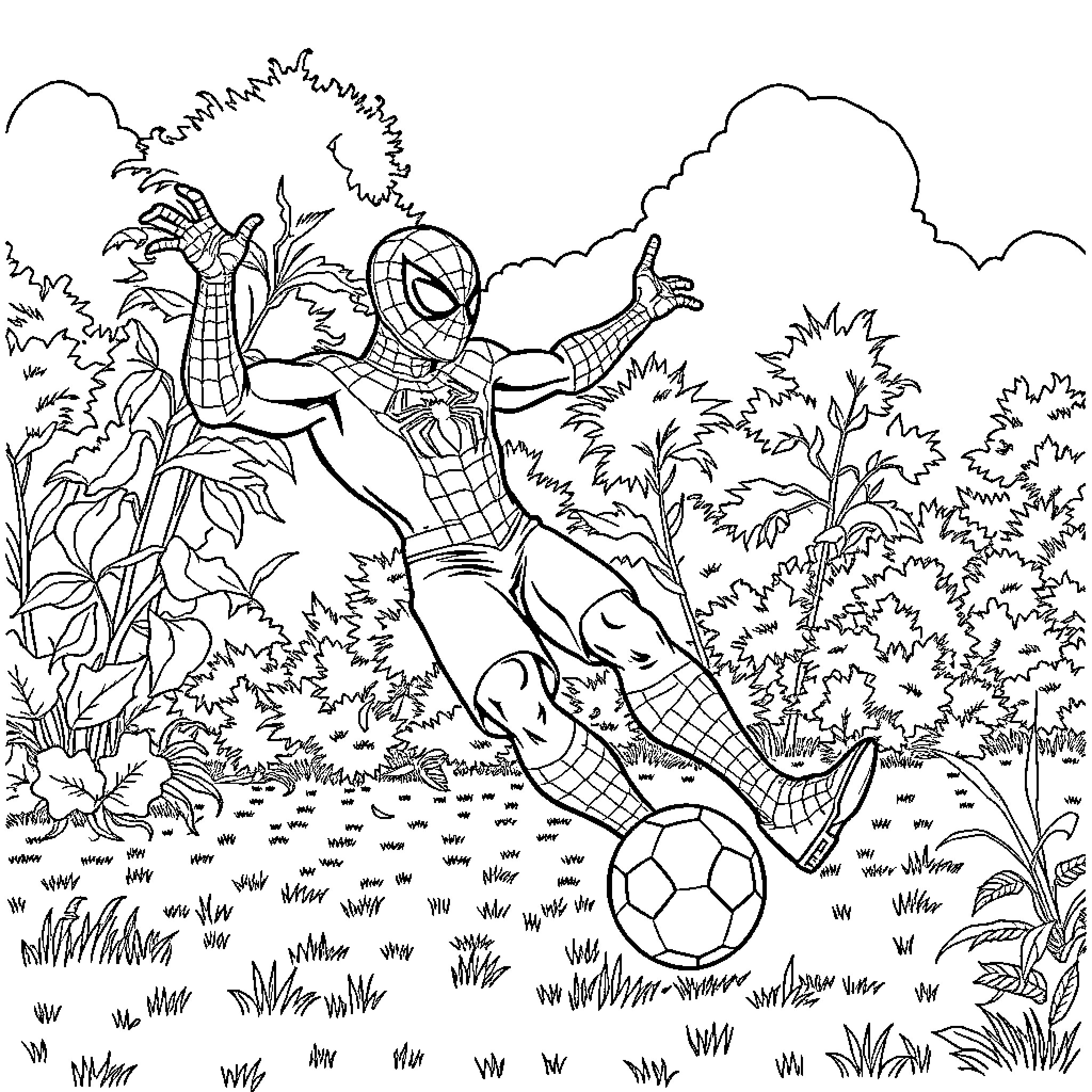 Spiderman playing football in the park Coloring Page (free black-and-white line drawing printable PDF for all, from beginners to advanced learners, including children, teens, adults, and seniors)