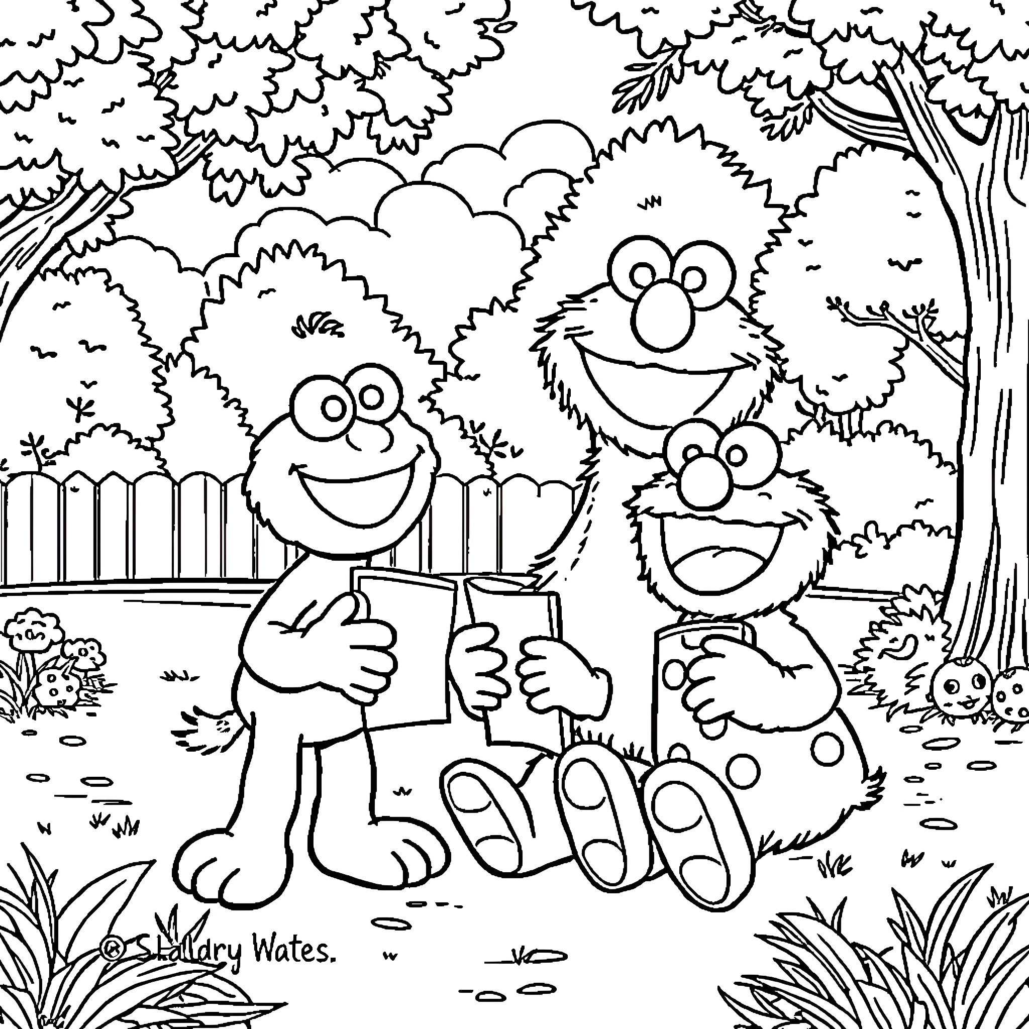 Bluey characters exploring the forest Coloring Page (free black-and-white line drawing printable PDF for all, from beginners to advanced learners, including children, teens, adults, and seniors)