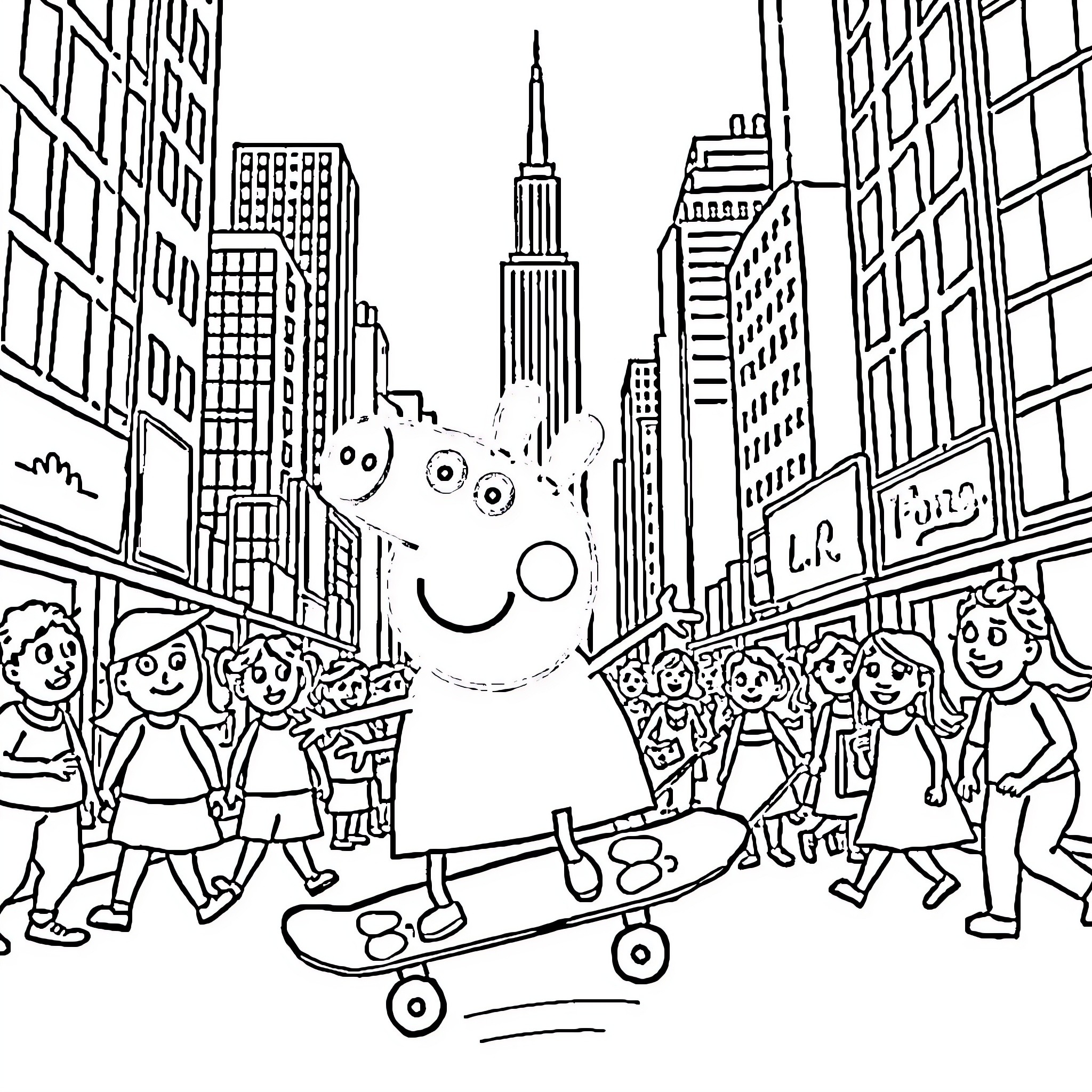 Peppa Pig and friends exploring the city Coloring Page (free black-and-white line drawing printable PDF for all, from beginners to advanced learners, including children, teens, adults, and seniors)