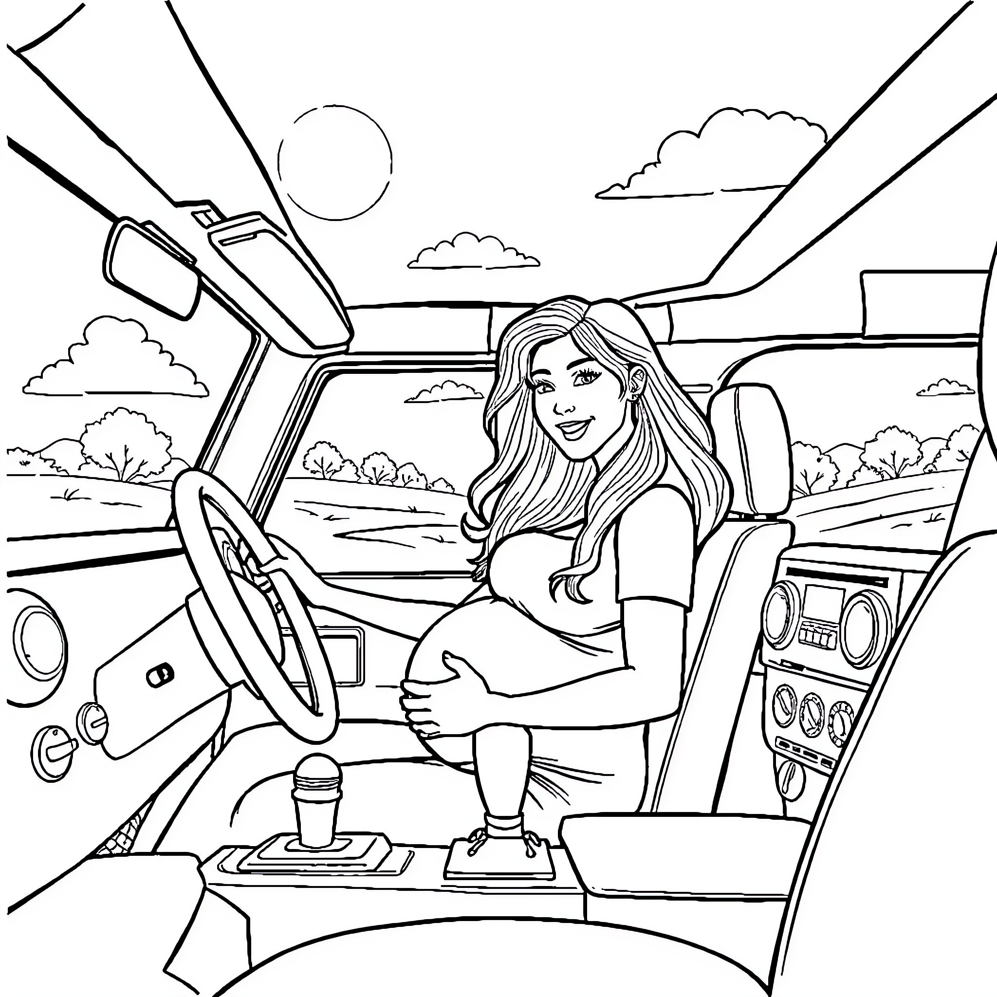 Pregnant Girl Driving a Car on the Open Road Coloring Page (free black-and-white line drawing printable PDF for all, from beginners to advanced learners, including children, teens, adults, and seniors)