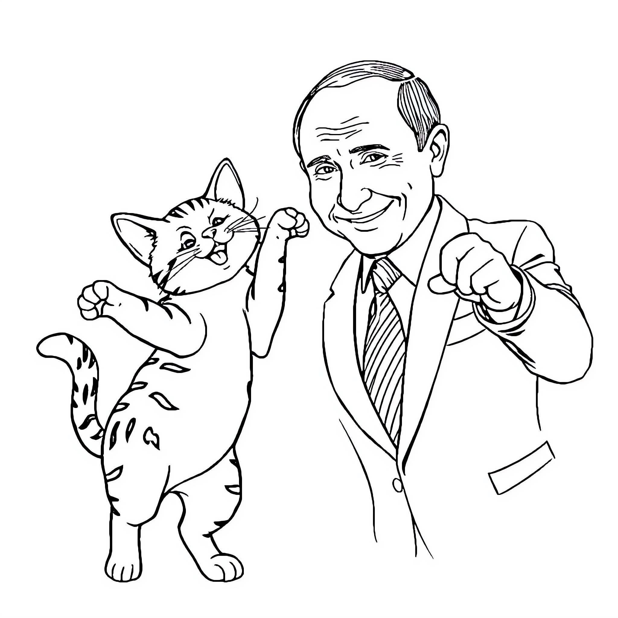 Cat and Man Enjoying a Playful Moment Coloring Page (free black-and-white line drawing printable PDF for all, from beginners to advanced learners, including children, teens, adults, and seniors)