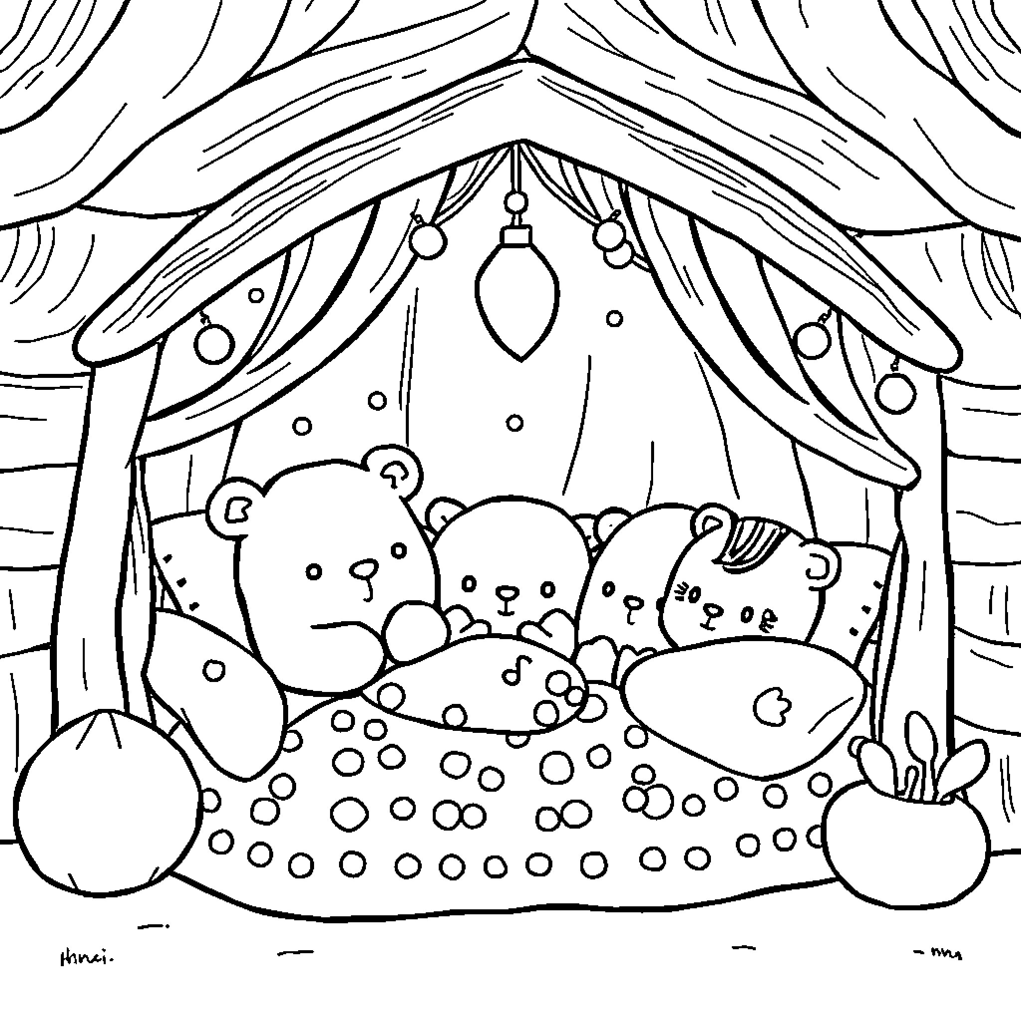 Animal Teddy Bears Cuddling in Festive Tent Coloring Page (free black-and-white line drawing printable PDF for all, from beginners to advanced learners, including children, teens, adults, and seniors)