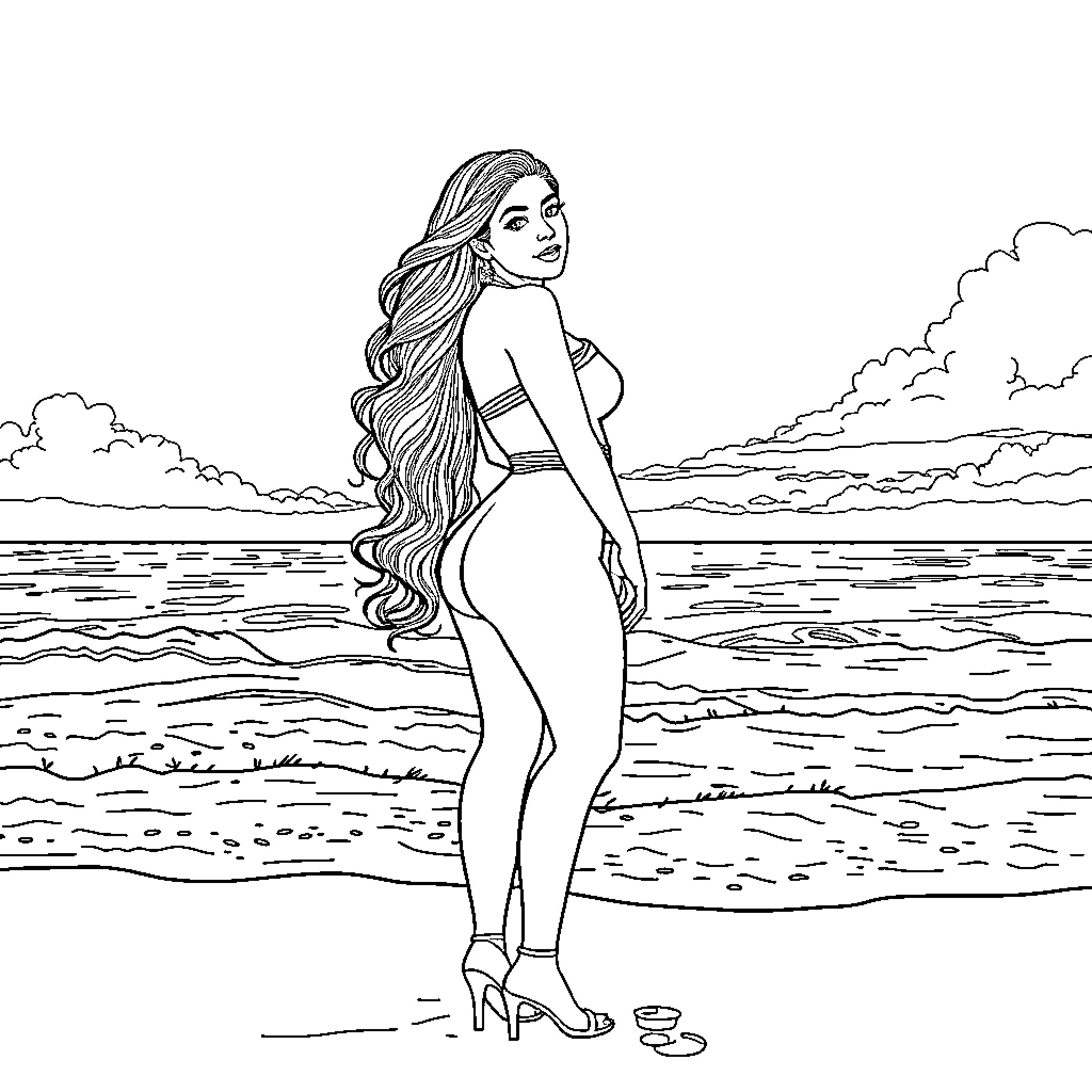 Ariana Grande posing confidently on the beach Coloring Page (free black-and-white line drawing printable PDF for all, from beginners to advanced learners, including children, teens, adults, and seniors)