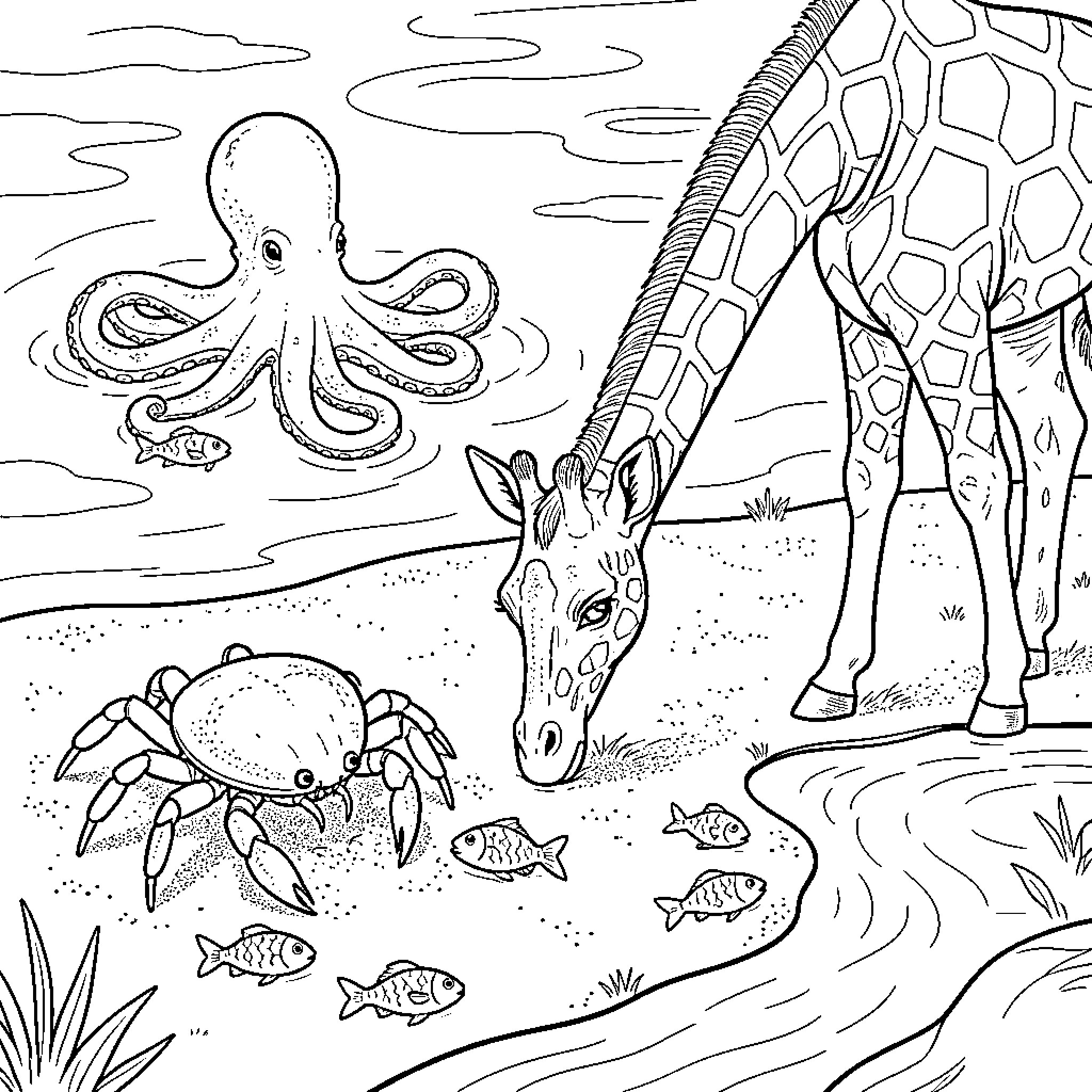 Crab observing a giraffe near a pond Coloring Page (free black-and-white line drawing printable PDF for all, from beginners to advanced learners, including children, teens, adults, and seniors)