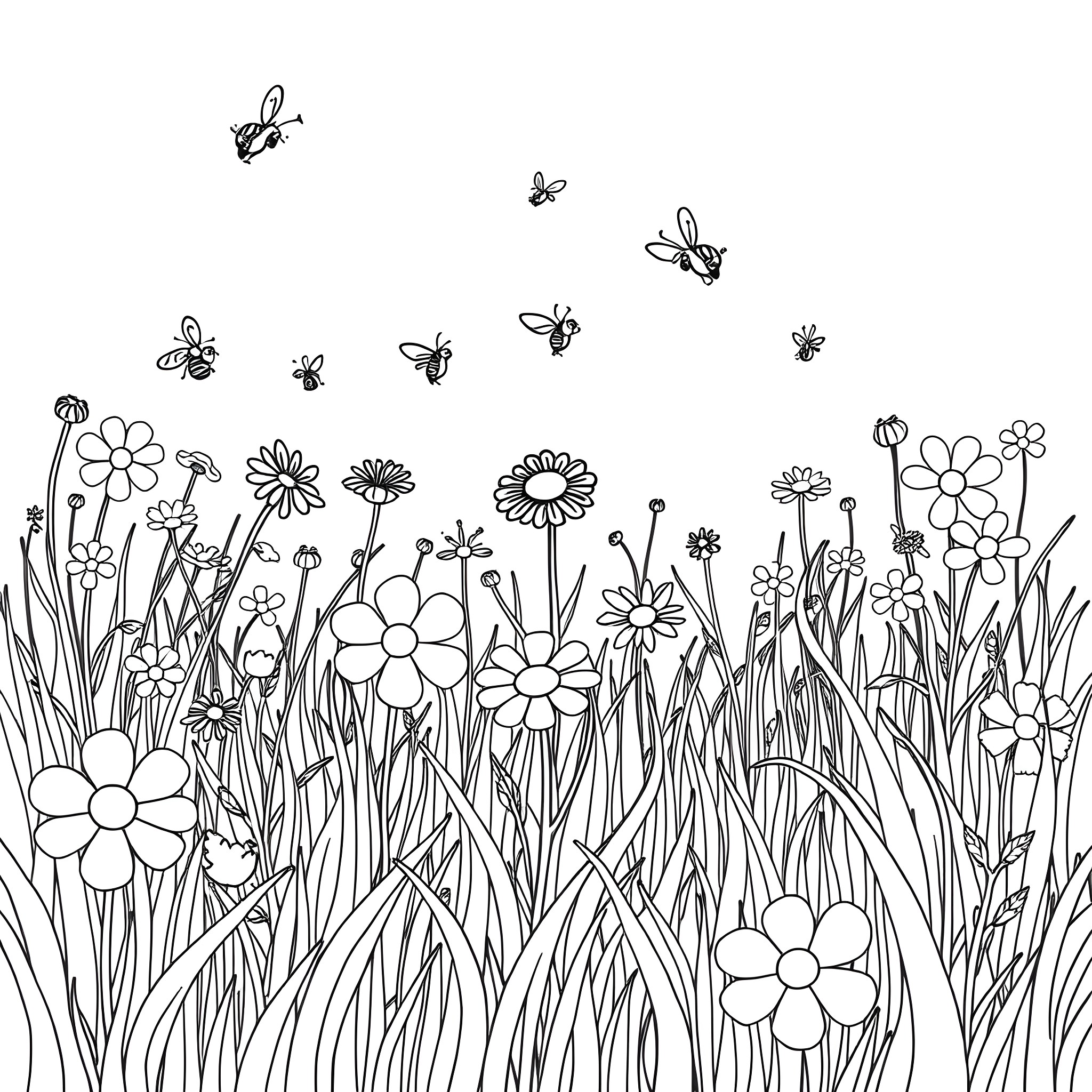 Flowers and butterflies in a meadow Coloring Page (free black-and-white line drawing printable PDF for all, from beginners to advanced learners, including children, teens, adults, and seniors)