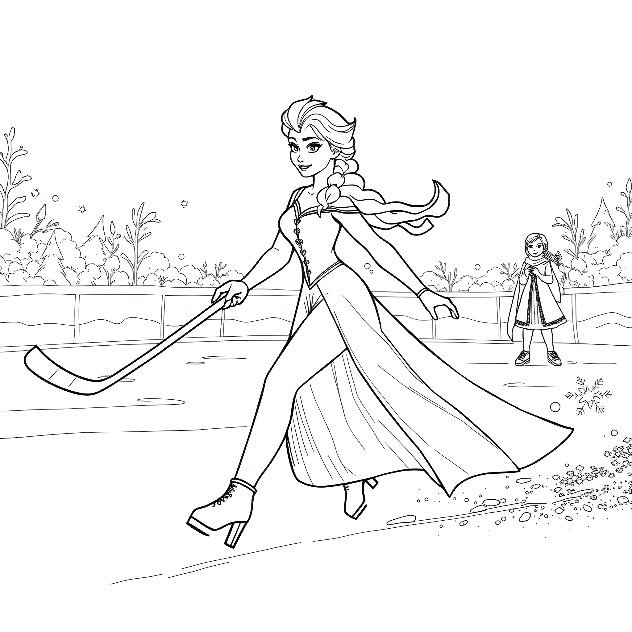 Elsa gracefully sweeping the snowy path Coloring Page (free black-and-white line drawing printable PDF for all, from beginners to advanced learners, including children, teens, adults, and seniors)