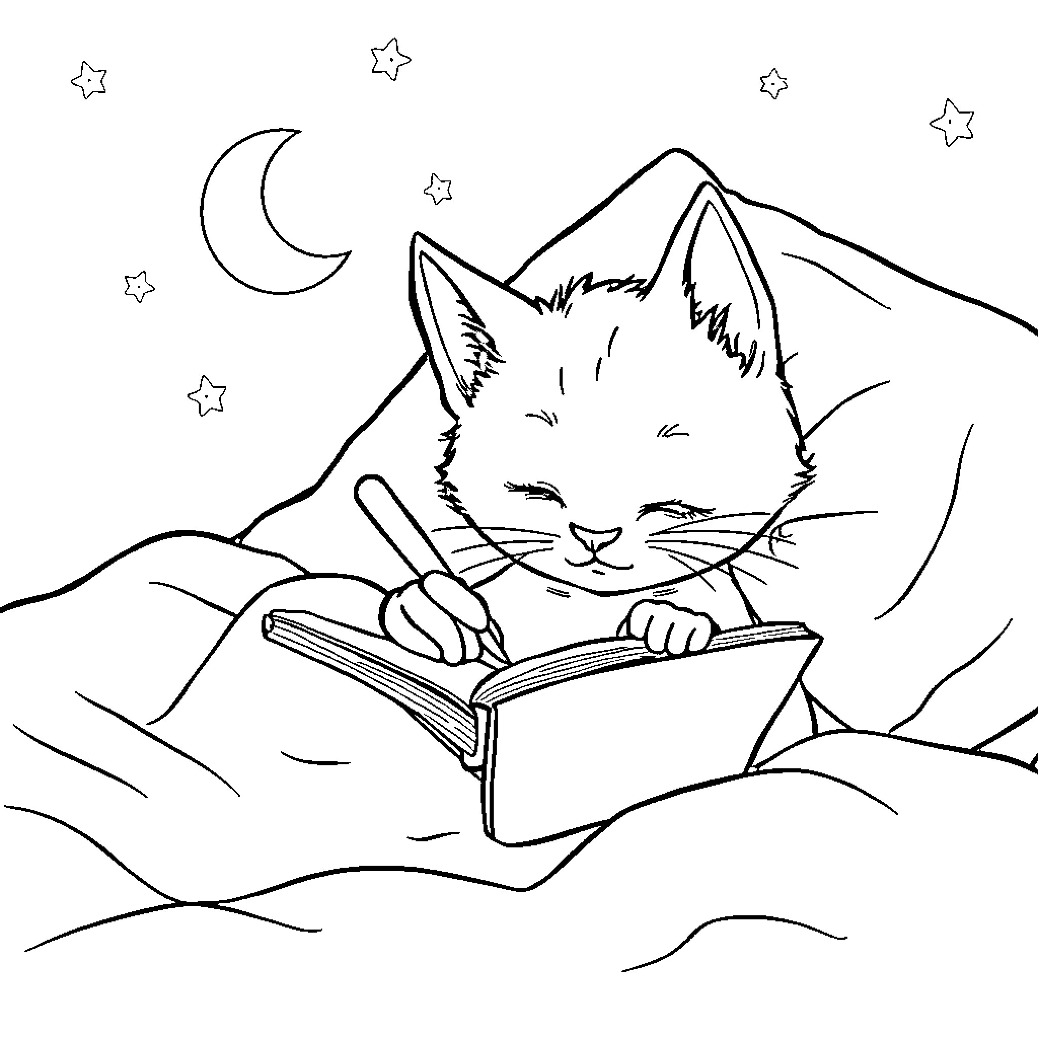 Kitten reading a book under the moonlight Coloring Page (free black-and-white line drawing printable PDF for all, from beginners to advanced learners, including children, teens, adults, and seniors)