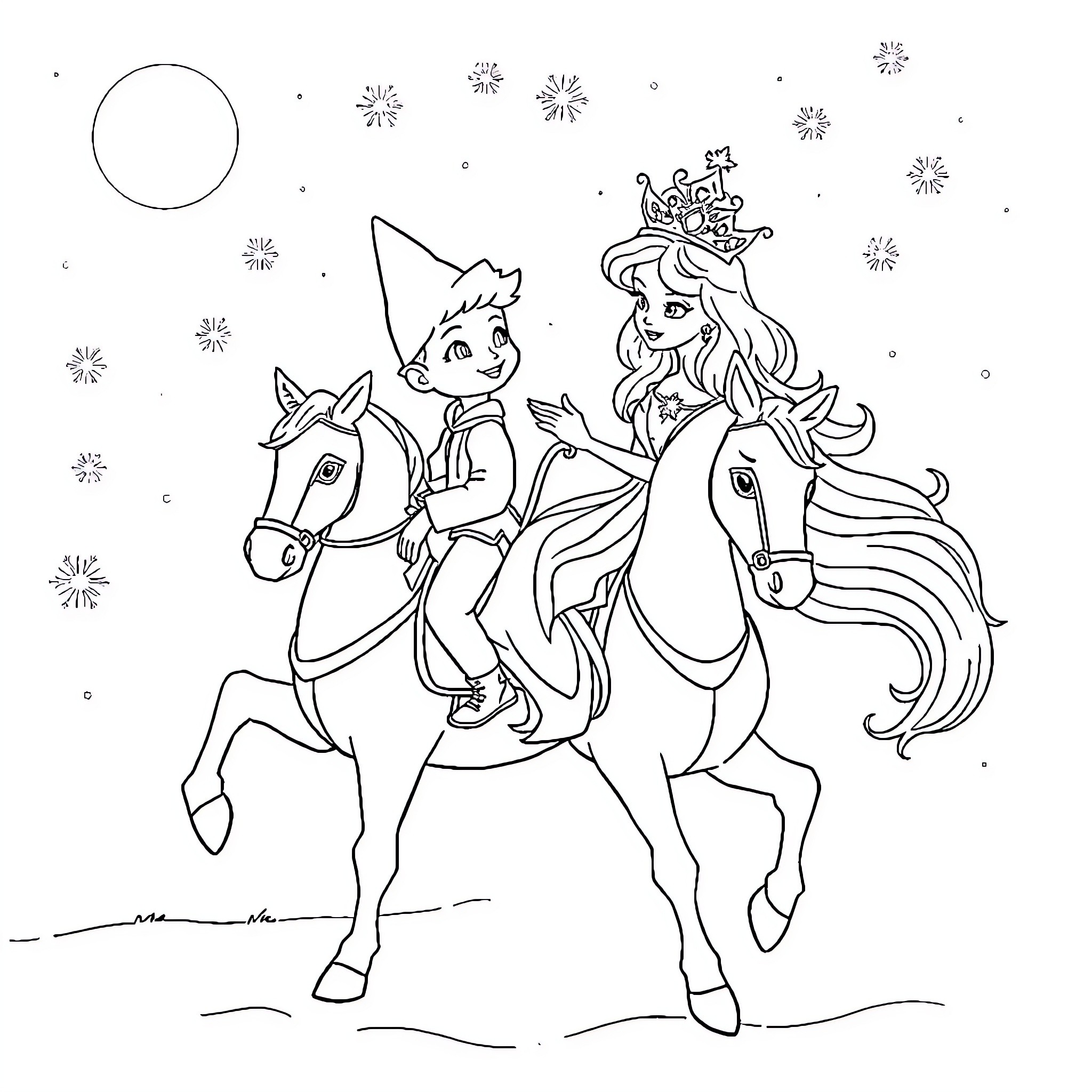 Cinderella riding a horse with a prince Coloring Page (free black-and-white line drawing printable PDF for all, from beginners to advanced learners, including children, teens, adults, and seniors)