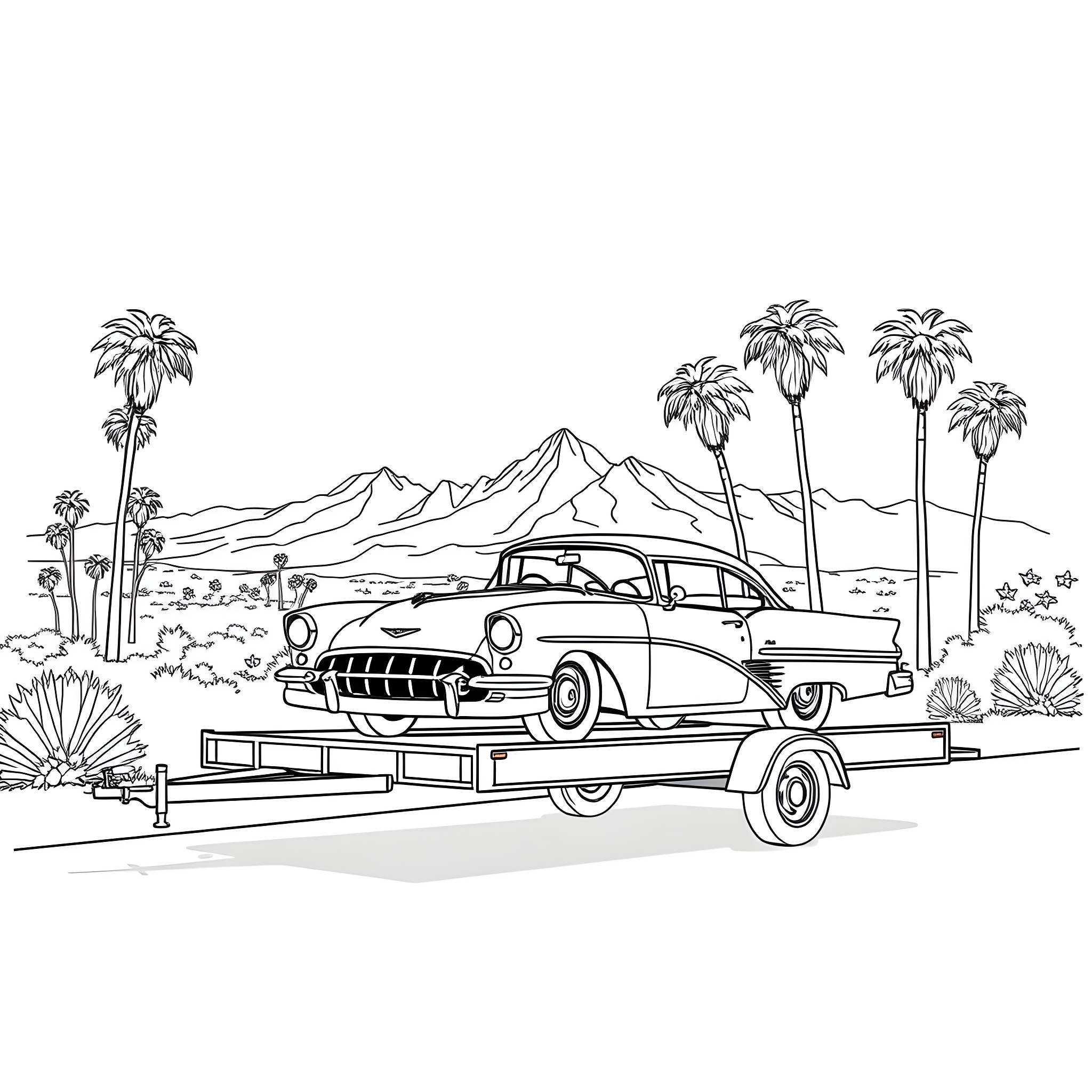 Car on Trailer in Desert Landscape Coloring Page (free black-and-white line drawing printable PDF for all, from beginners to advanced learners, including children, teens, adults, and seniors)