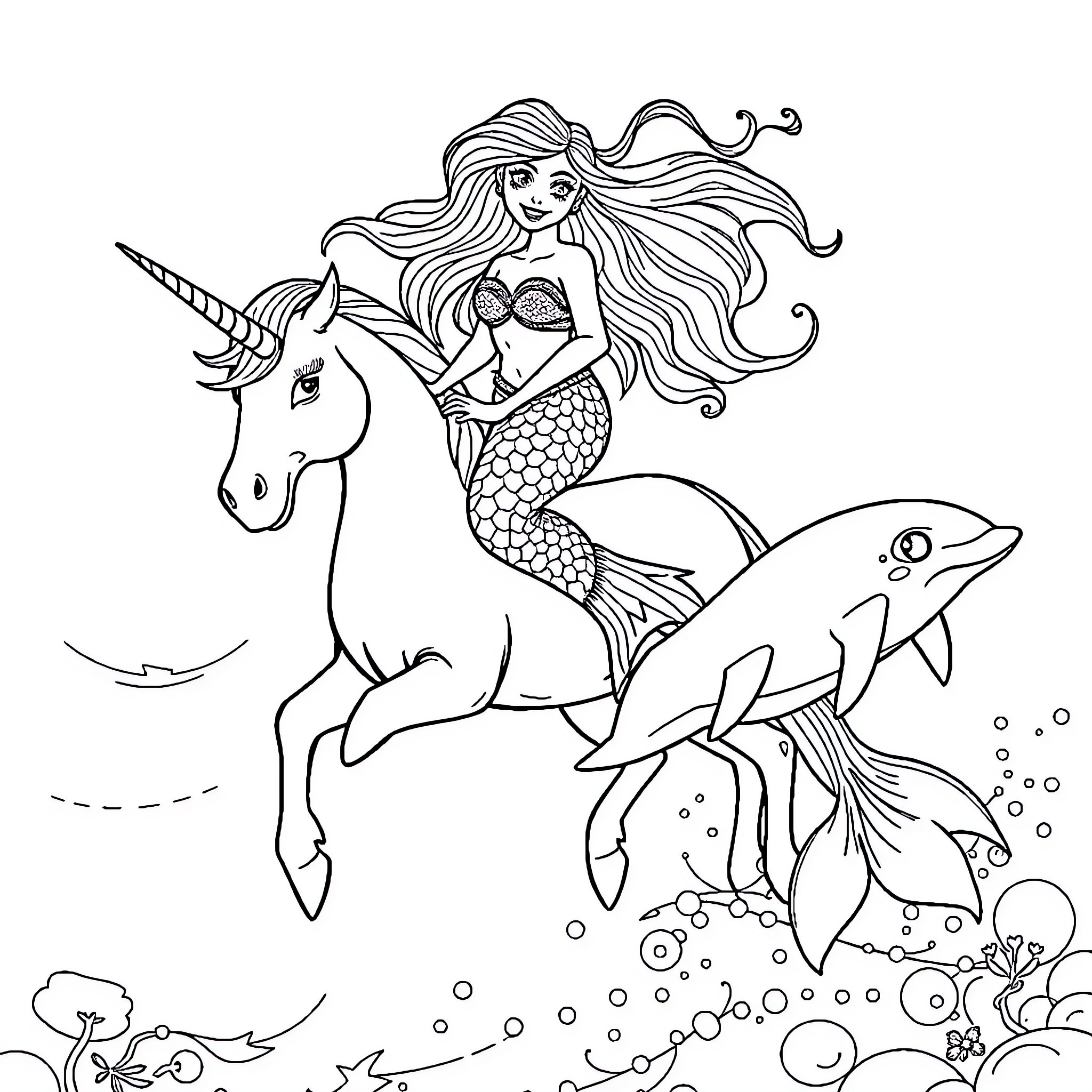 Mermaid riding a unicorn underwater Coloring Page (free black-and-white line drawing printable PDF for all, from beginners to advanced learners, including children, teens, adults, and seniors)