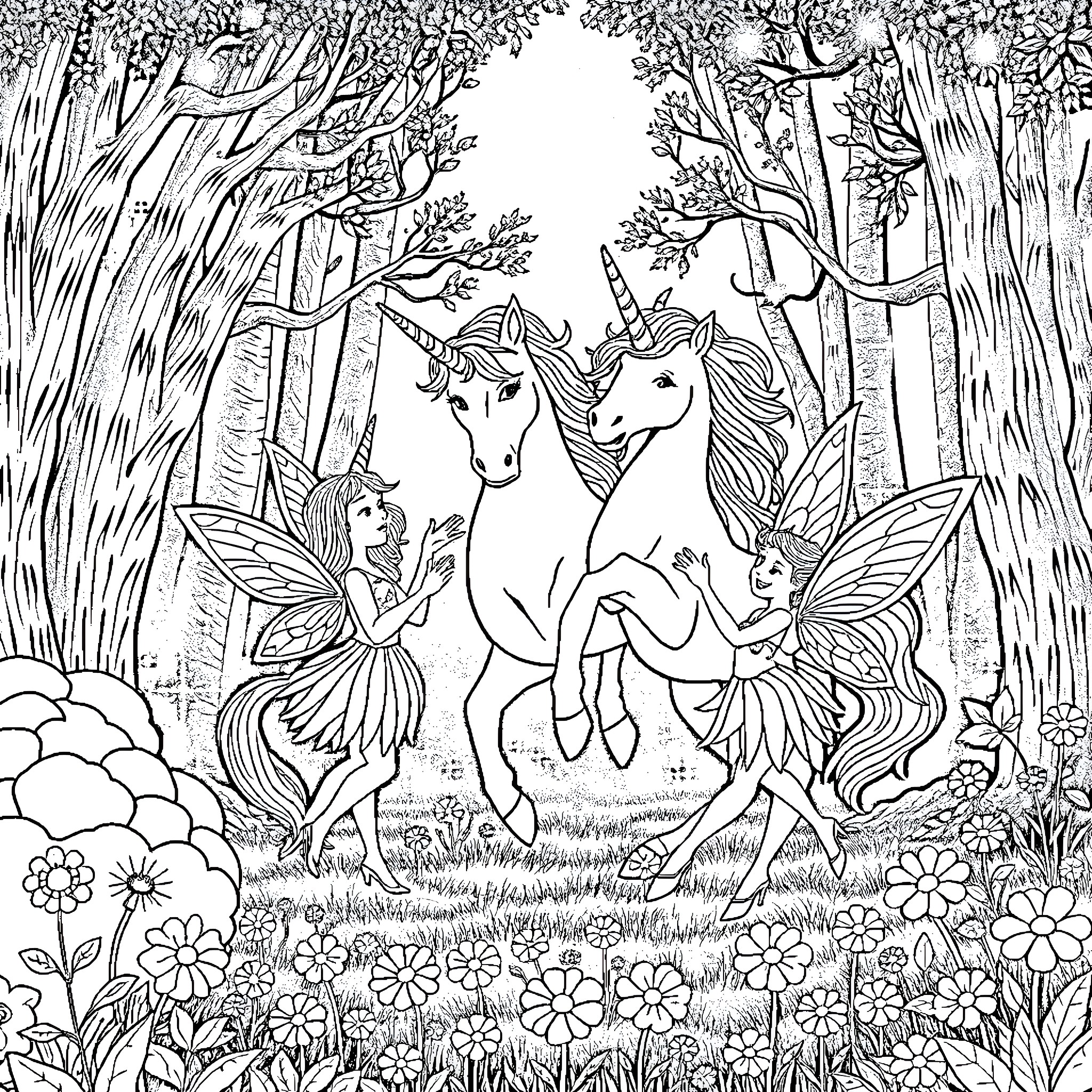 Unicorn playing with fairies in enchanted forest Coloring Page (free black-and-white line drawing printable PDF for all, from beginners to advanced learners, including children, teens, adults, and seniors)