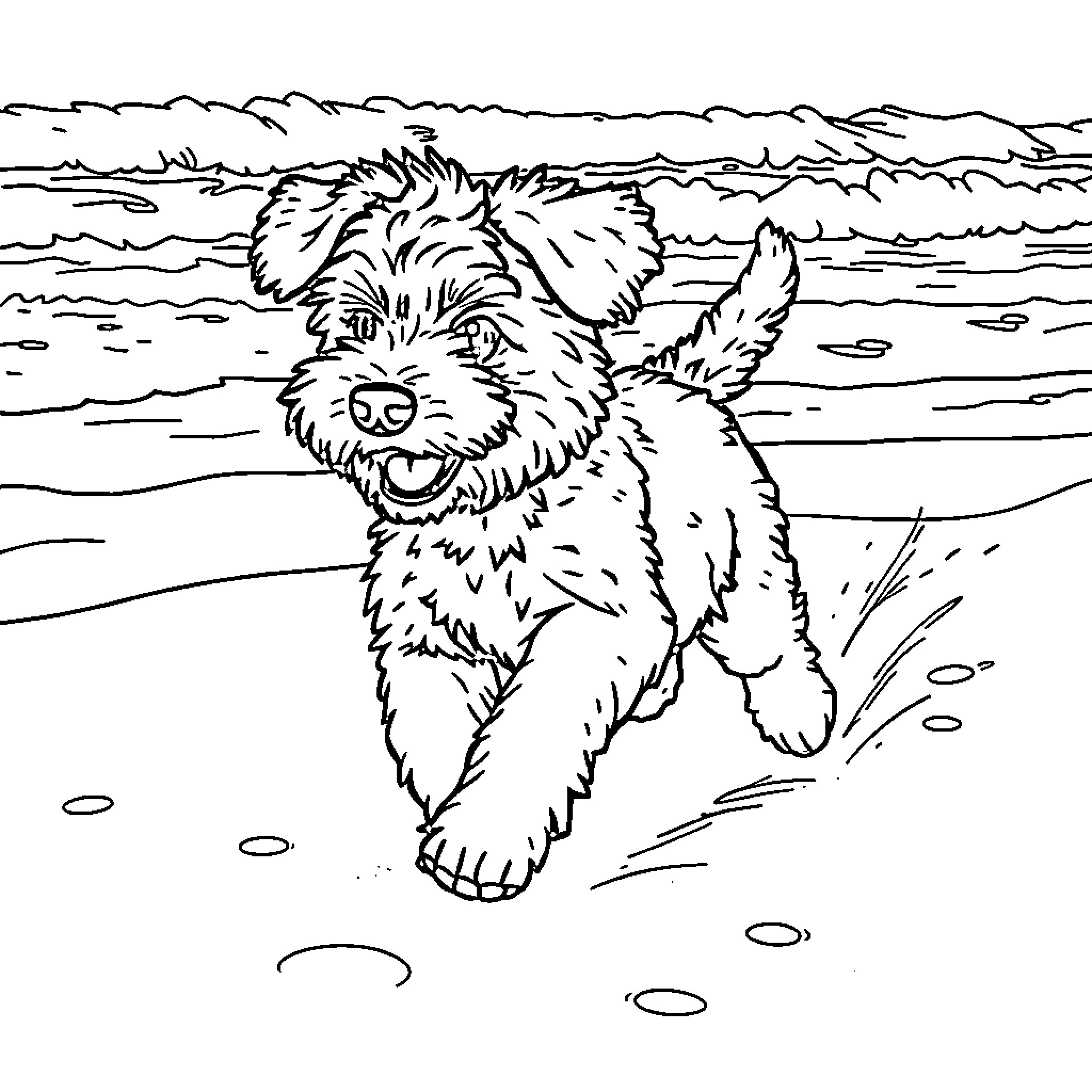 Moodle's Playful Adventure by the Beach Coloring Page (free black-and-white line drawing printable PDF for all, from beginners to advanced learners, including children, teens, adults, and seniors)