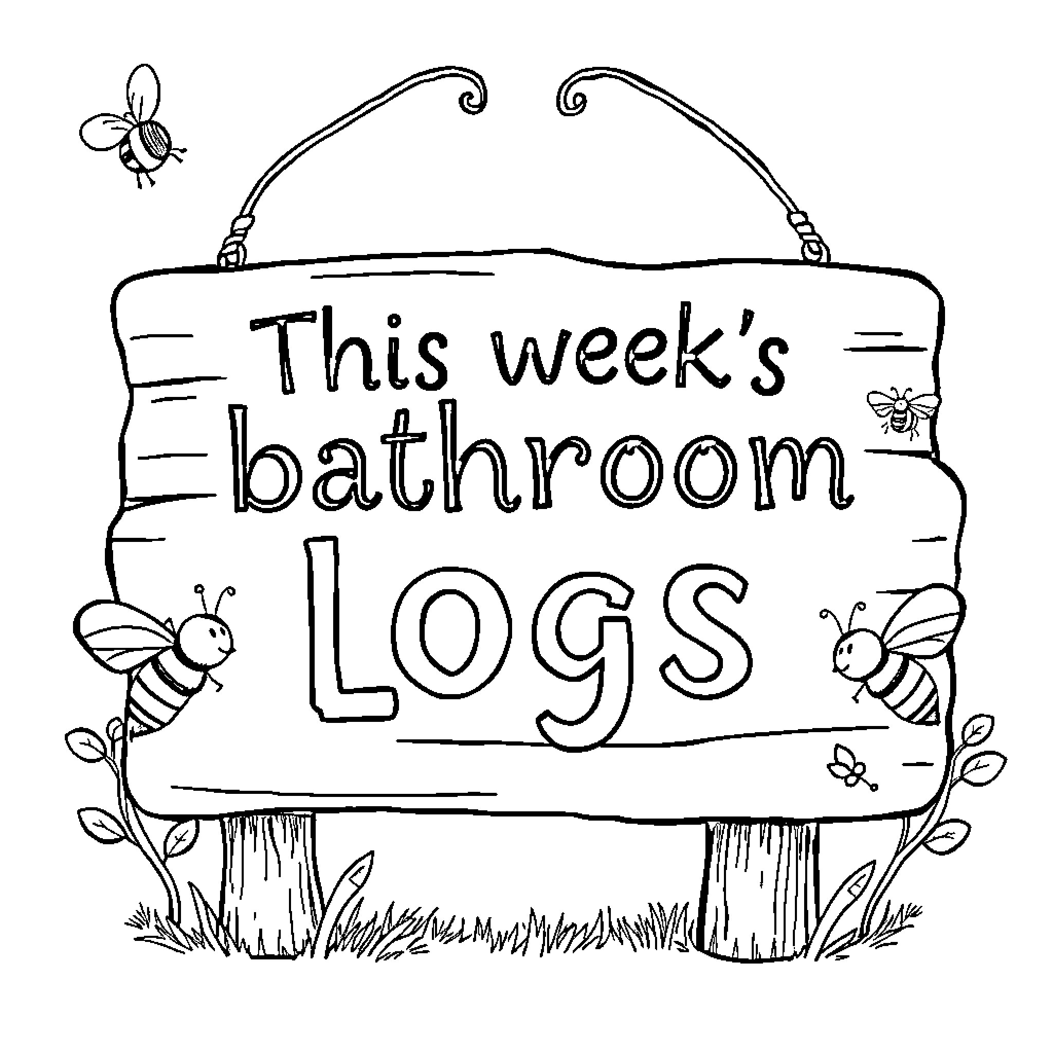 Bee busy with bathroom logs Coloring Page (free black-and-white line drawing printable PDF for all, from beginners to advanced learners, including children, teens, adults, and seniors)
