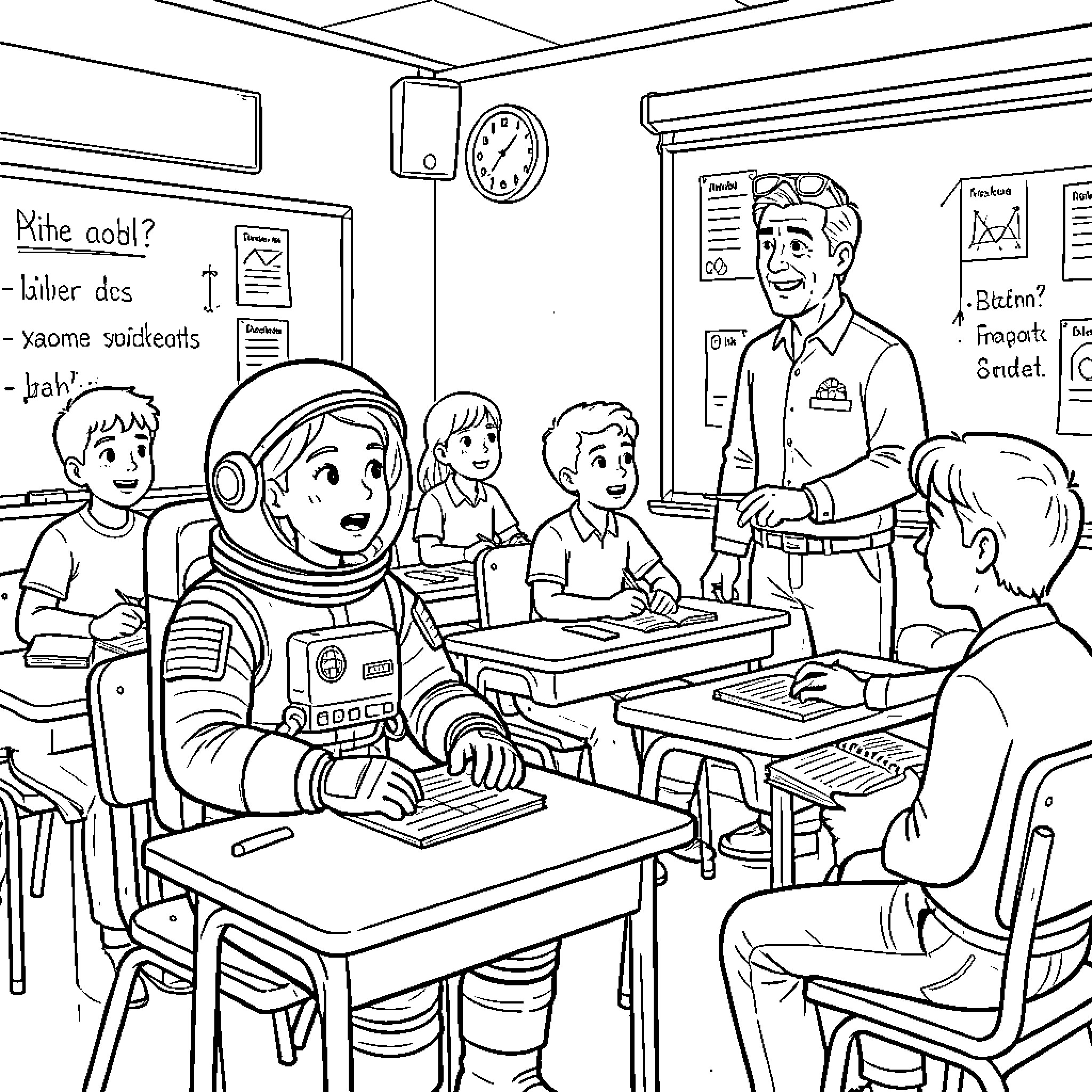 Astronaut Visits Classroom for Educational Presentation Coloring Page (free black-and-white line drawing printable PDF for all, from beginners to advanced learners, including children, teens, adults, and seniors)