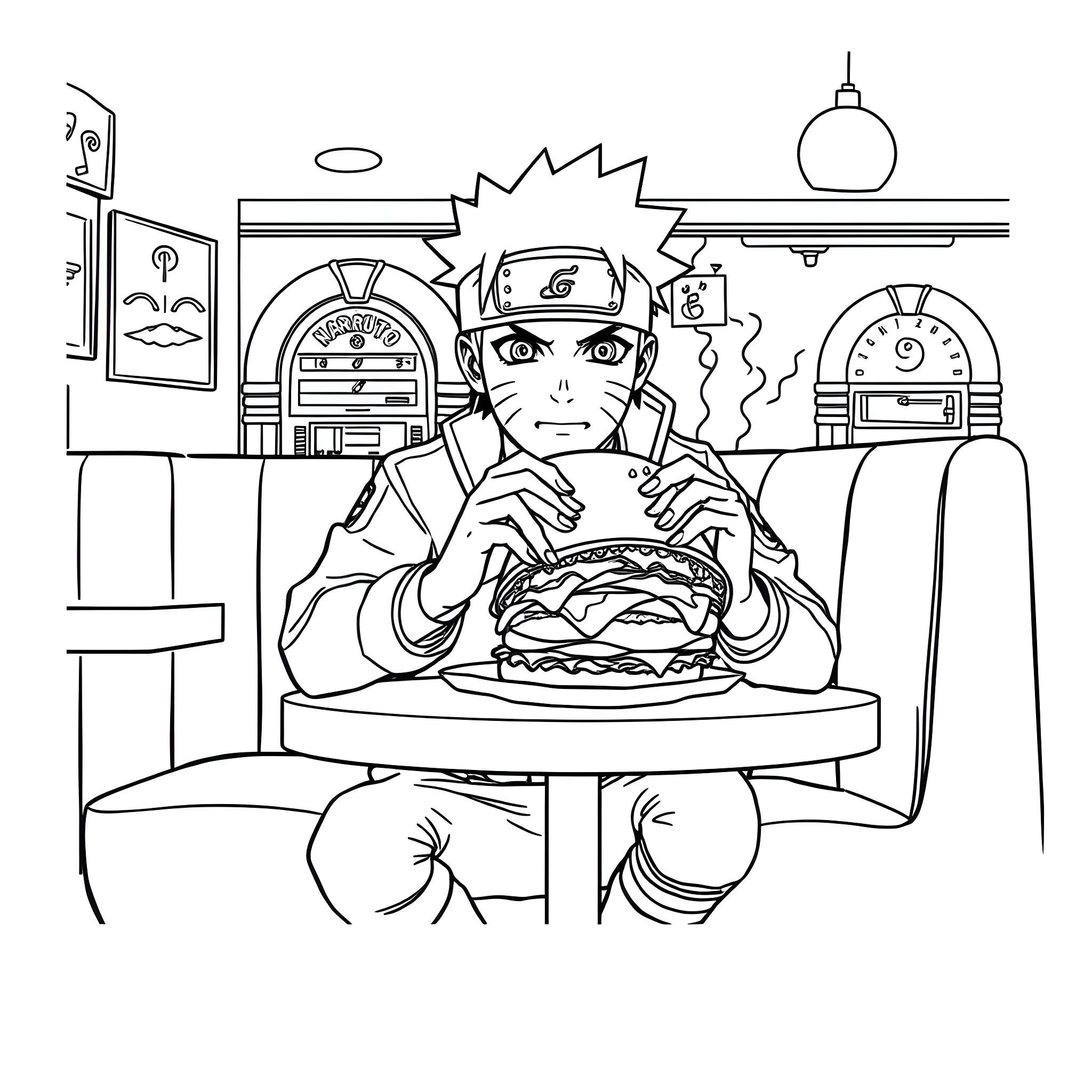 Naruto enjoying a delicious burger in a cozy cafe Coloring Page (free black-and-white line drawing printable PDF for all, from beginners to advanced learners, including children, teens, adults, and seniors)