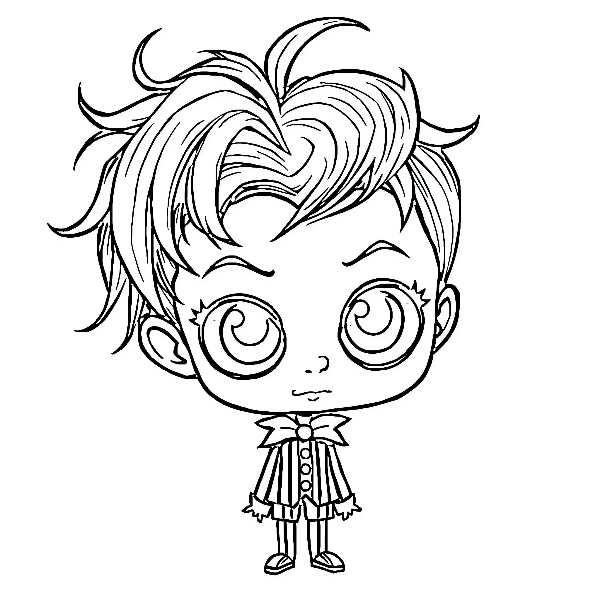 Chibi Boy with Messy Hair and Curious Expression Coloring Page (free black-and-white line drawing printable PDF for all, from beginners to advanced learners, including children, teens, adults, and seniors)