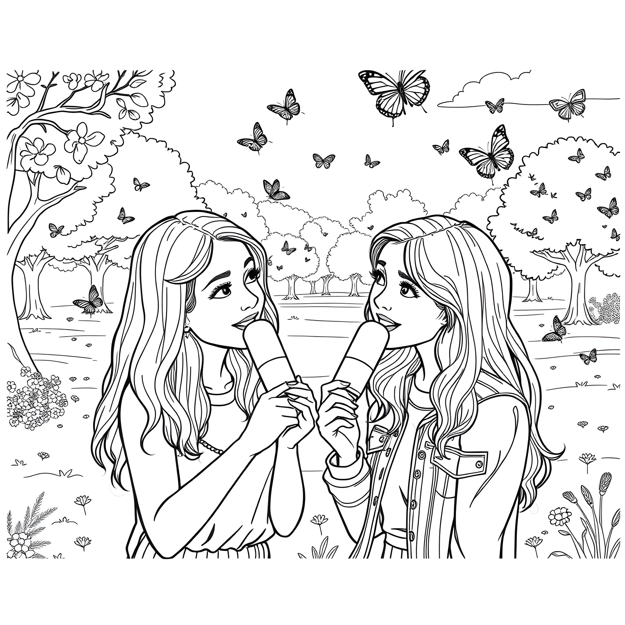 Sydney Sweeney's Butterflies and Blooms Coloring Page (free black-and-white line drawing printable PDF for all, from beginners to advanced learners, including children, teens, adults, and seniors)