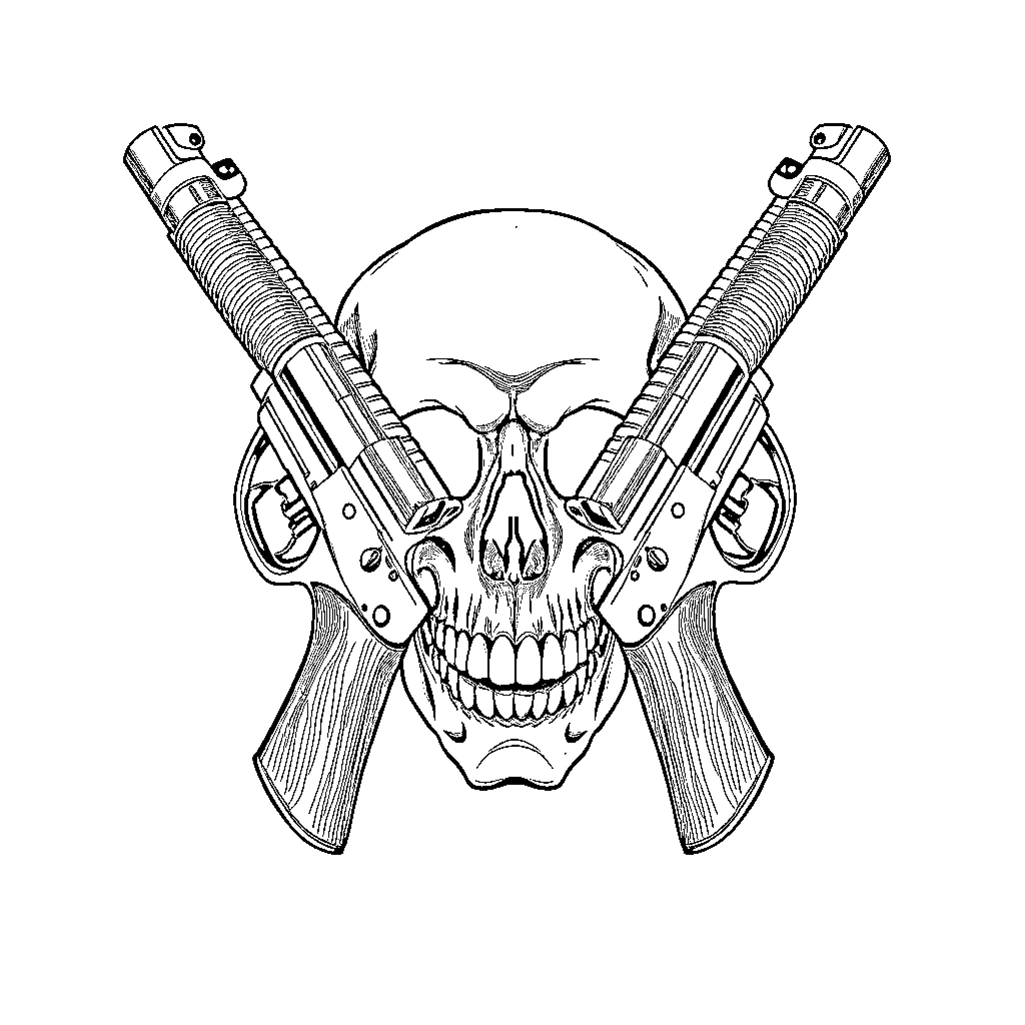 Skull with crossed pistols Coloring Page (free black-and-white line drawing printable PDF for all, from beginners to advanced learners, including children, teens, adults, and seniors)