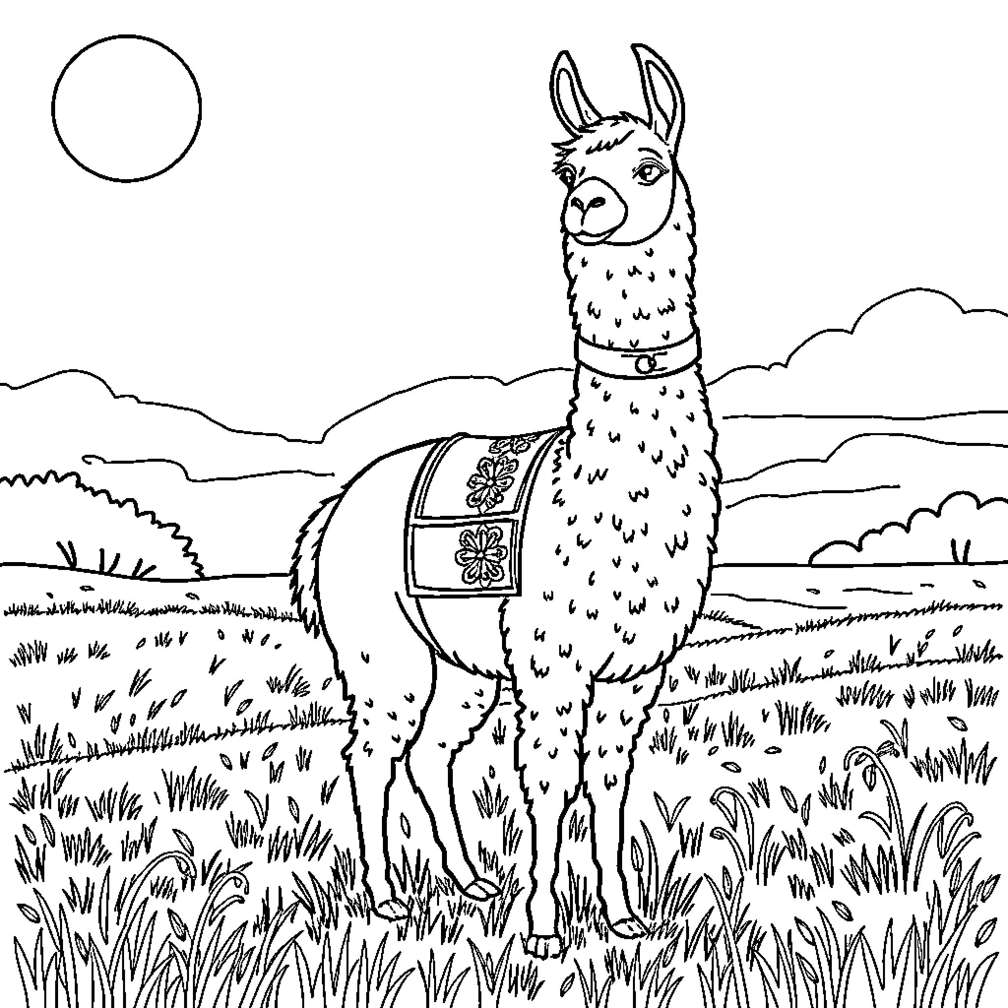 Llama standing in a grassy field Coloring Page (free black-and-white line drawing printable PDF for all, from beginners to advanced learners, including children, teens, adults, and seniors)