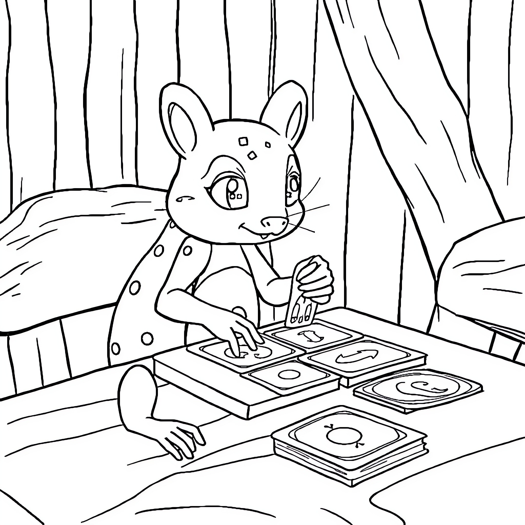 Ant preparing a meal in a kitchen Coloring Page (free black-and-white line drawing printable PDF for all, from beginners to advanced learners, including children, teens, adults, and seniors)
