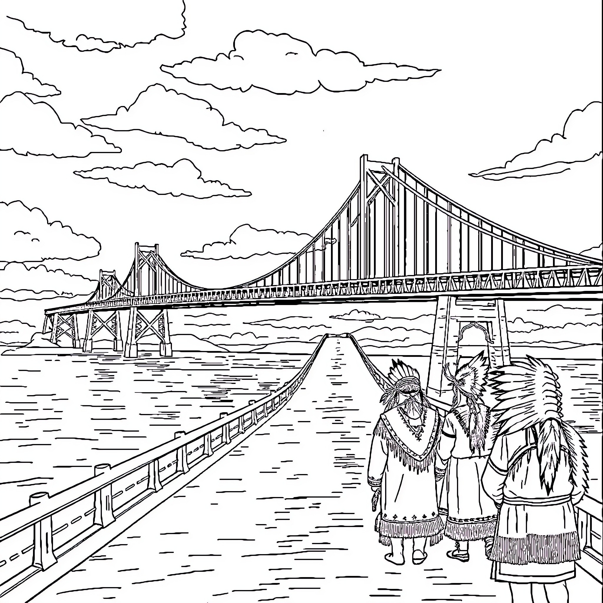 Mackinaw Bridge scenic view with Native American figures Coloring Page (free black-and-white line drawing printable PDF for all, from beginners to advanced learners, including children, teens, adults, and seniors)