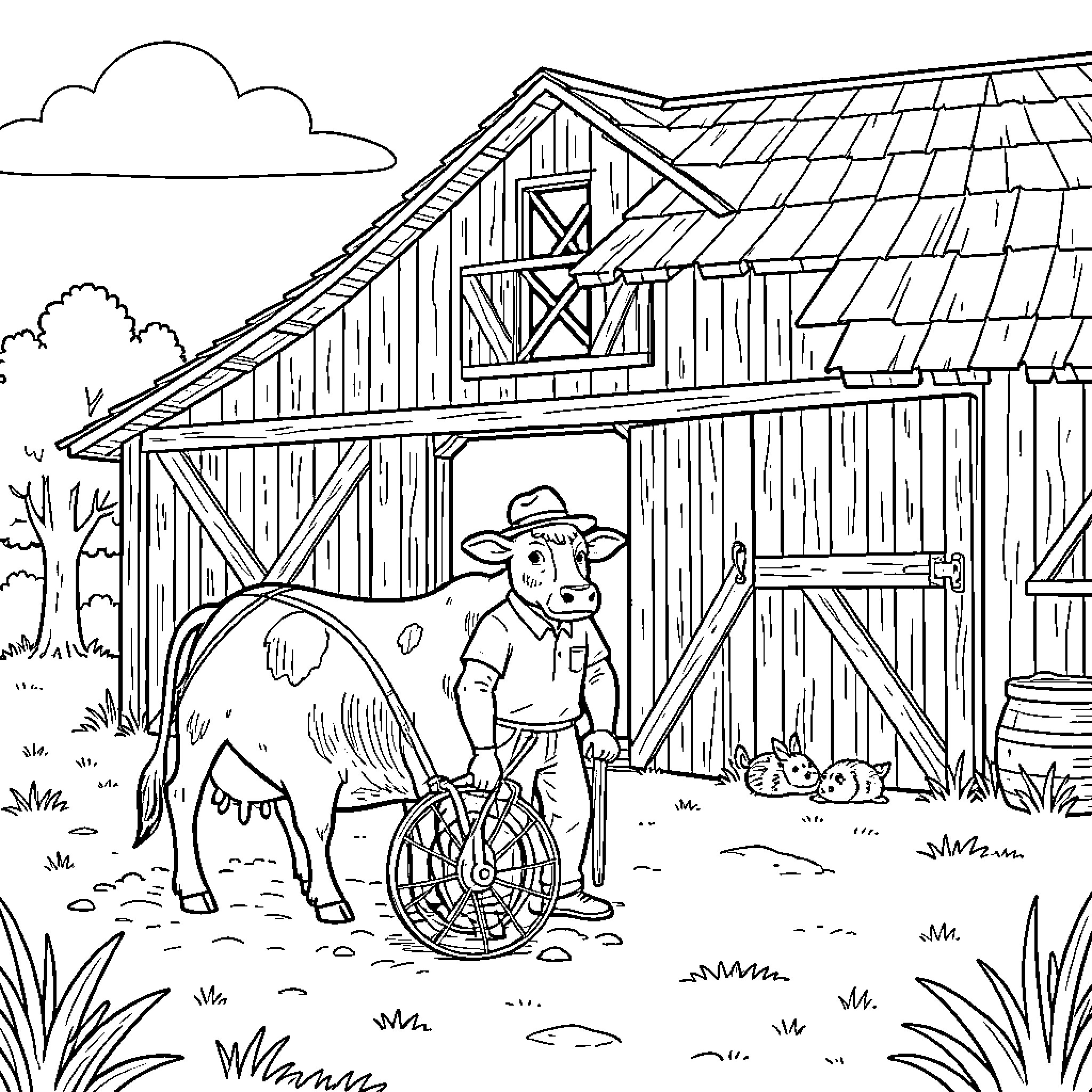 Calm farmer standing next to a cow near barn Coloring Page (free black-and-white line drawing printable PDF for all, from beginners to advanced learners, including children, teens, adults, and seniors)