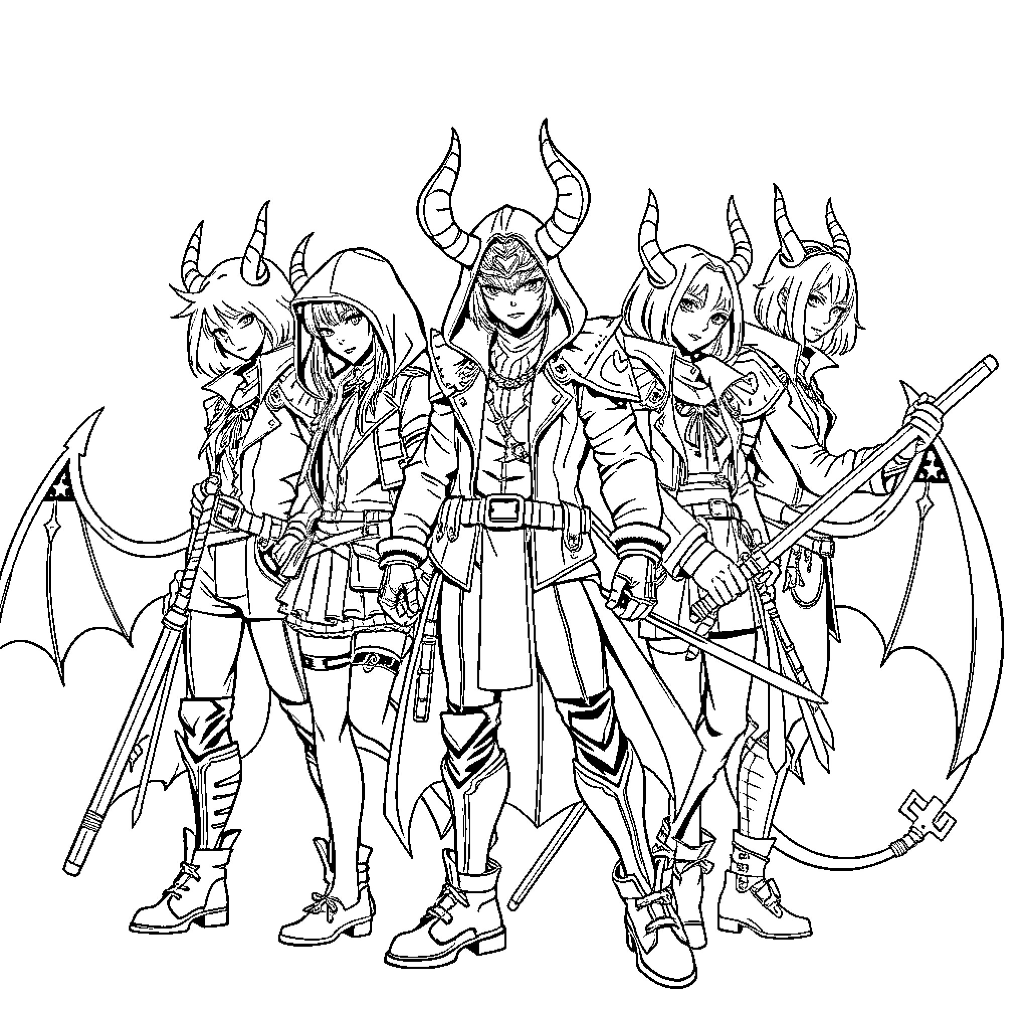 Demonhunter squad in action-packed poses Coloring Page (free black-and-white line drawing printable PDF for all, from beginners to advanced learners, including children, teens, adults, and seniors)