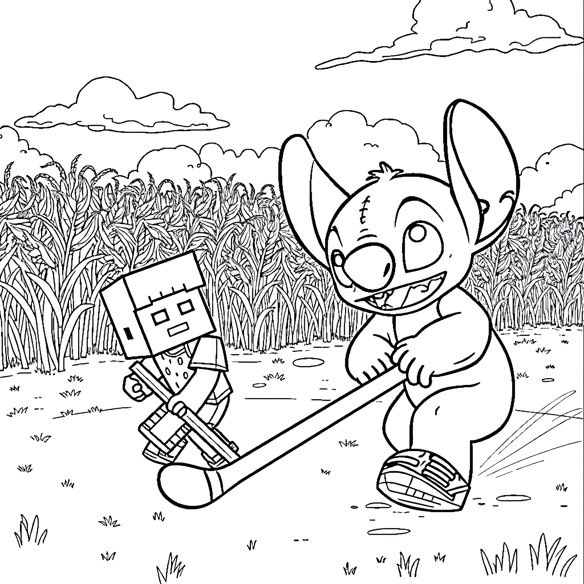 Stitch playing with robot in field Coloring Page (free black-and-white line drawing printable PDF for all, from beginners to advanced learners, including children, teens, adults, and seniors)