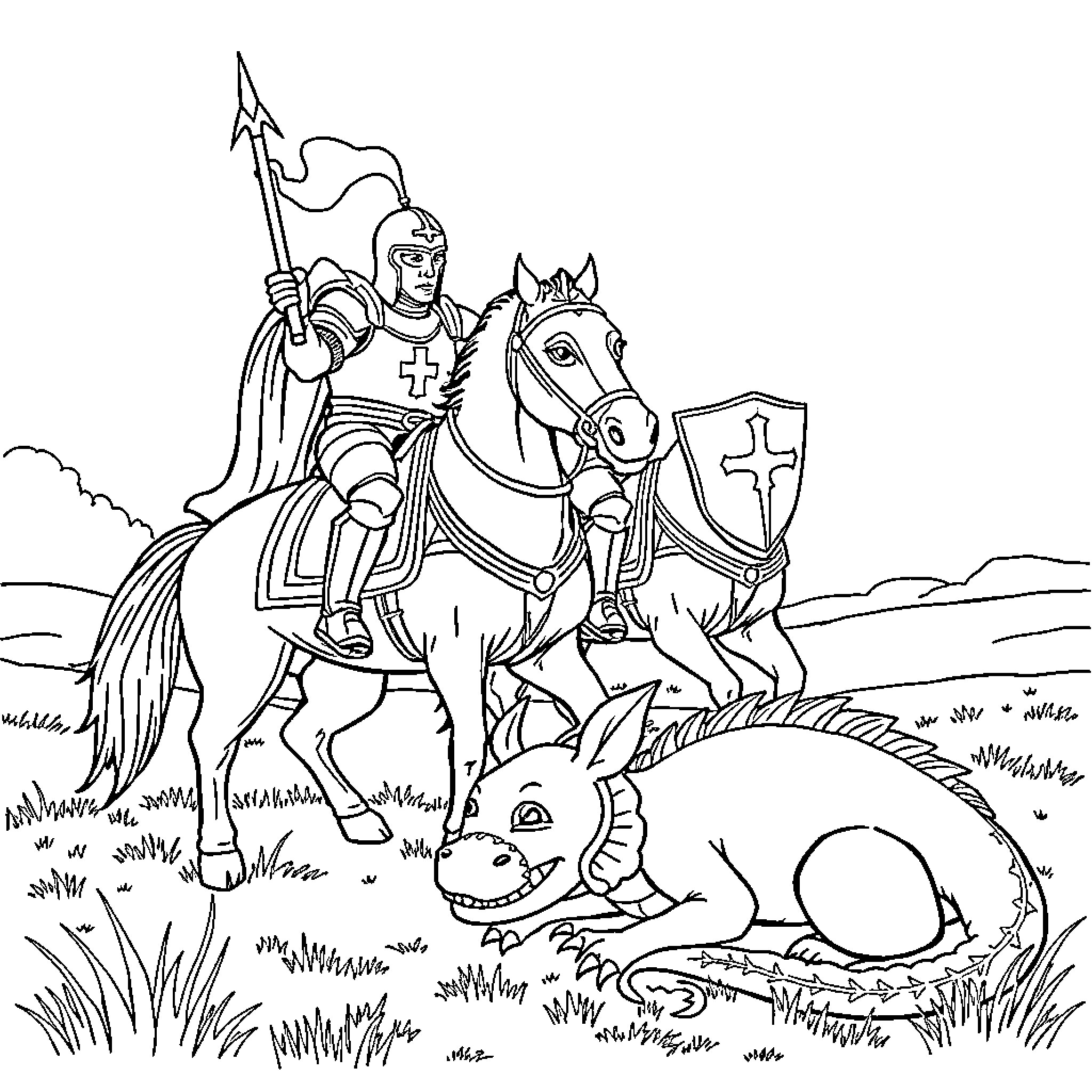 Knight on Horseback Charging into Battle Coloring Page (free black-and-white line drawing printable PDF for all, from beginners to advanced learners, including children, teens, adults, and seniors)
