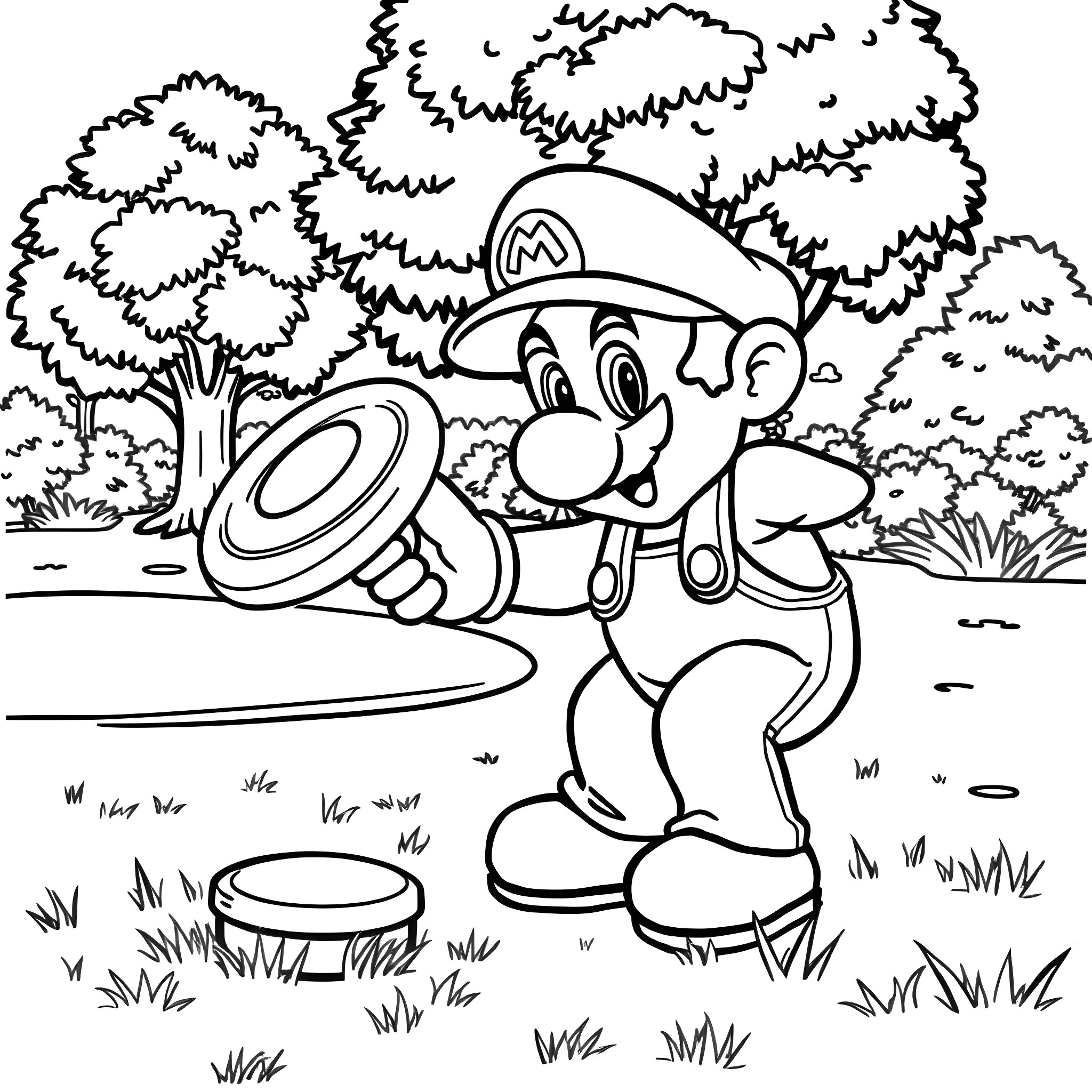 Super Mario playing with a drum in the forest Coloring Page (free black-and-white line drawing printable PDF for all, from beginners to advanced learners, including children, teens, adults, and seniors)